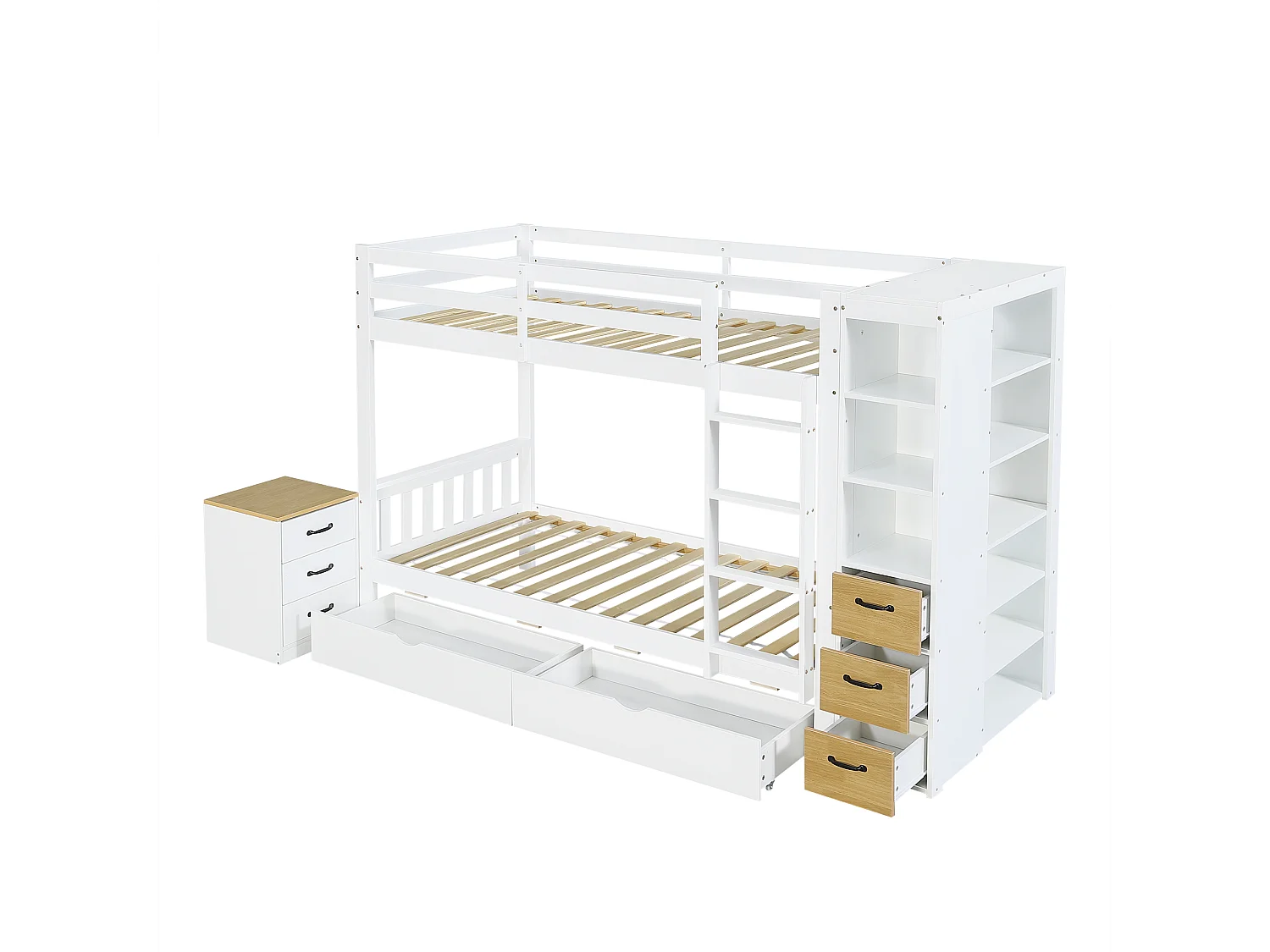 Lit superposé enfant 90x200 cm - avec 8 tiroirs et échelle - étagère de rangement latérale et table de chevet mobile - Blanc (sans matelas)
