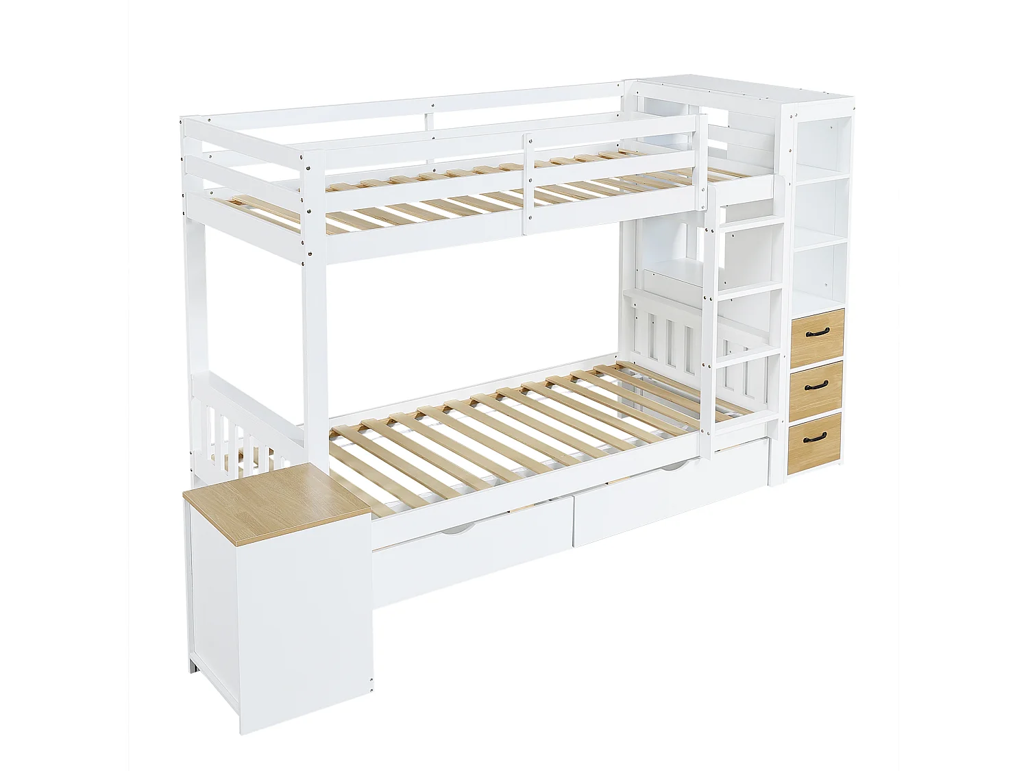 Lit superposé enfant 90x200 cm - avec 8 tiroirs et échelle - étagère de rangement latérale et table de chevet mobile - Blanc (sans matelas)