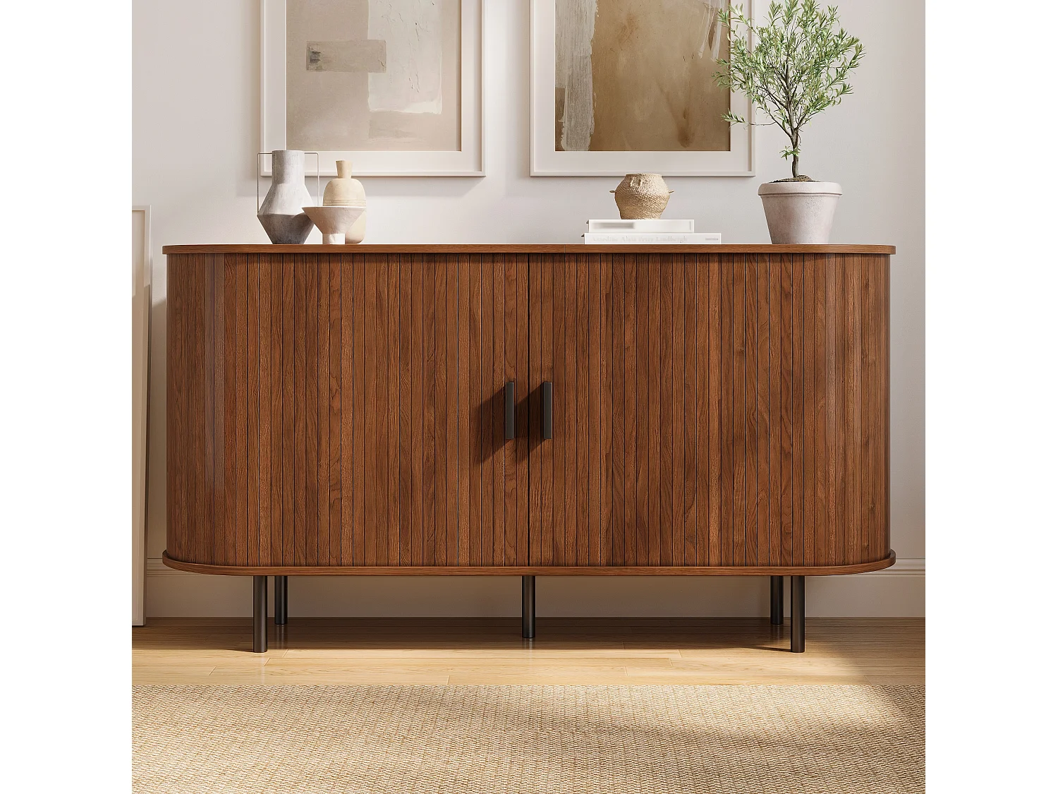 Moderner Buffetschrank 140 x 40 x 75 cm - 2 Schiebetüren und 4 Regale - Abgerundete Ecken - Metallfüße - Braun