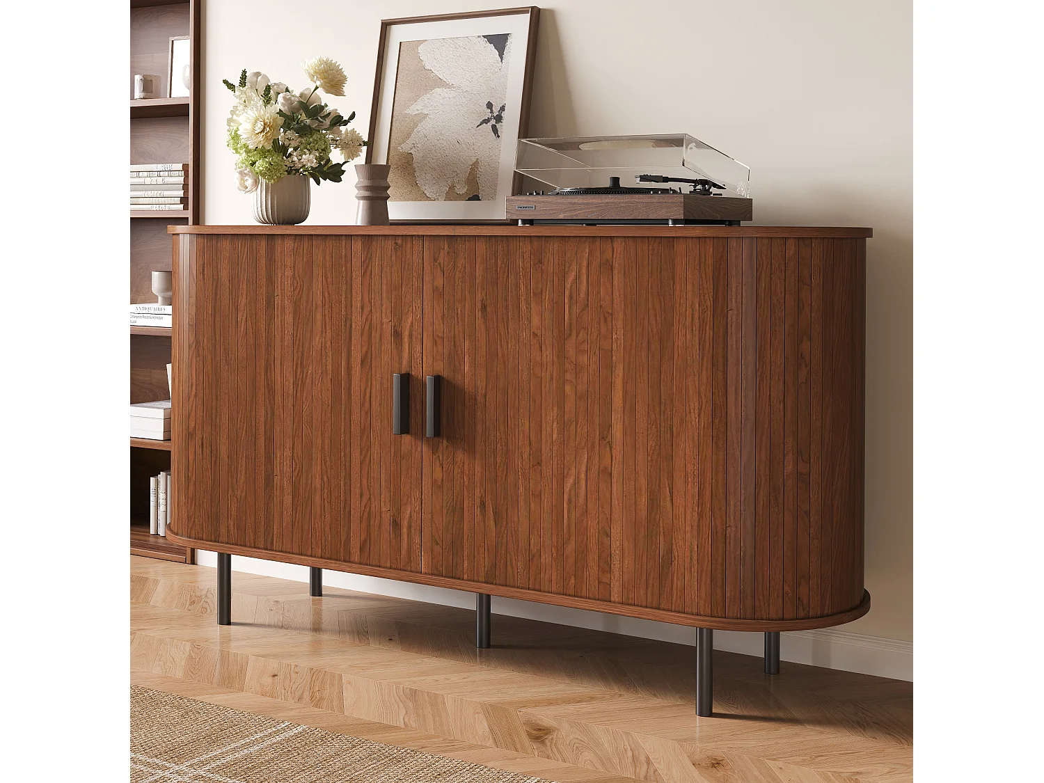 Moderner Buffetschrank 140 x 40 x 75 cm - 2 Schiebetüren und 4 Regale - Abgerundete Ecken - Metallfüße - Braun