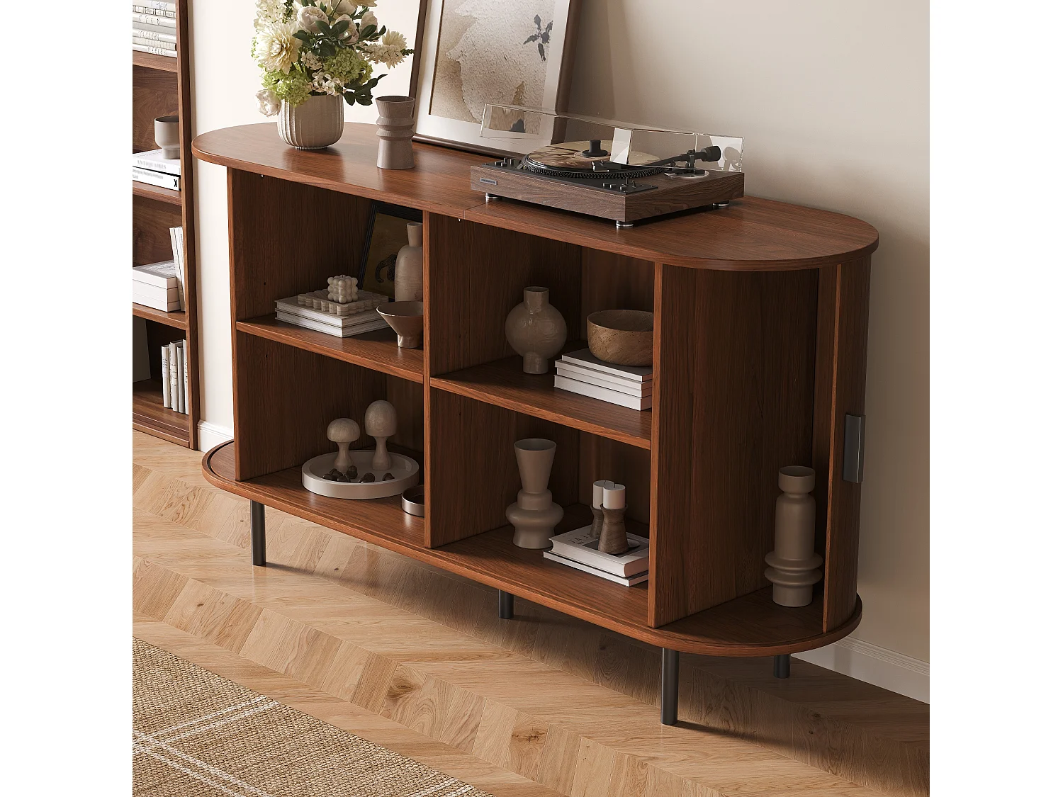 Moderner Buffetschrank 140 x 40 x 75 cm - 2 Schiebetüren und 4 Regale - Abgerundete Ecken - Metallfüße - Braun