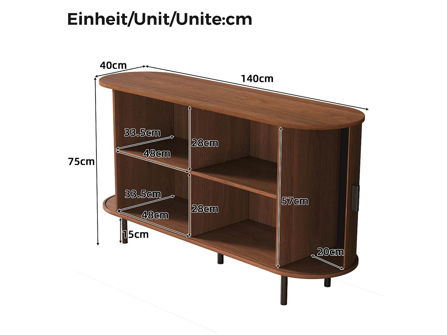 Moderner Buffetschrank 140 x 40 x 75 cm - 2 Schiebetüren und 4 Regale - Abgerundete Ecken - Metallfüße - Braun