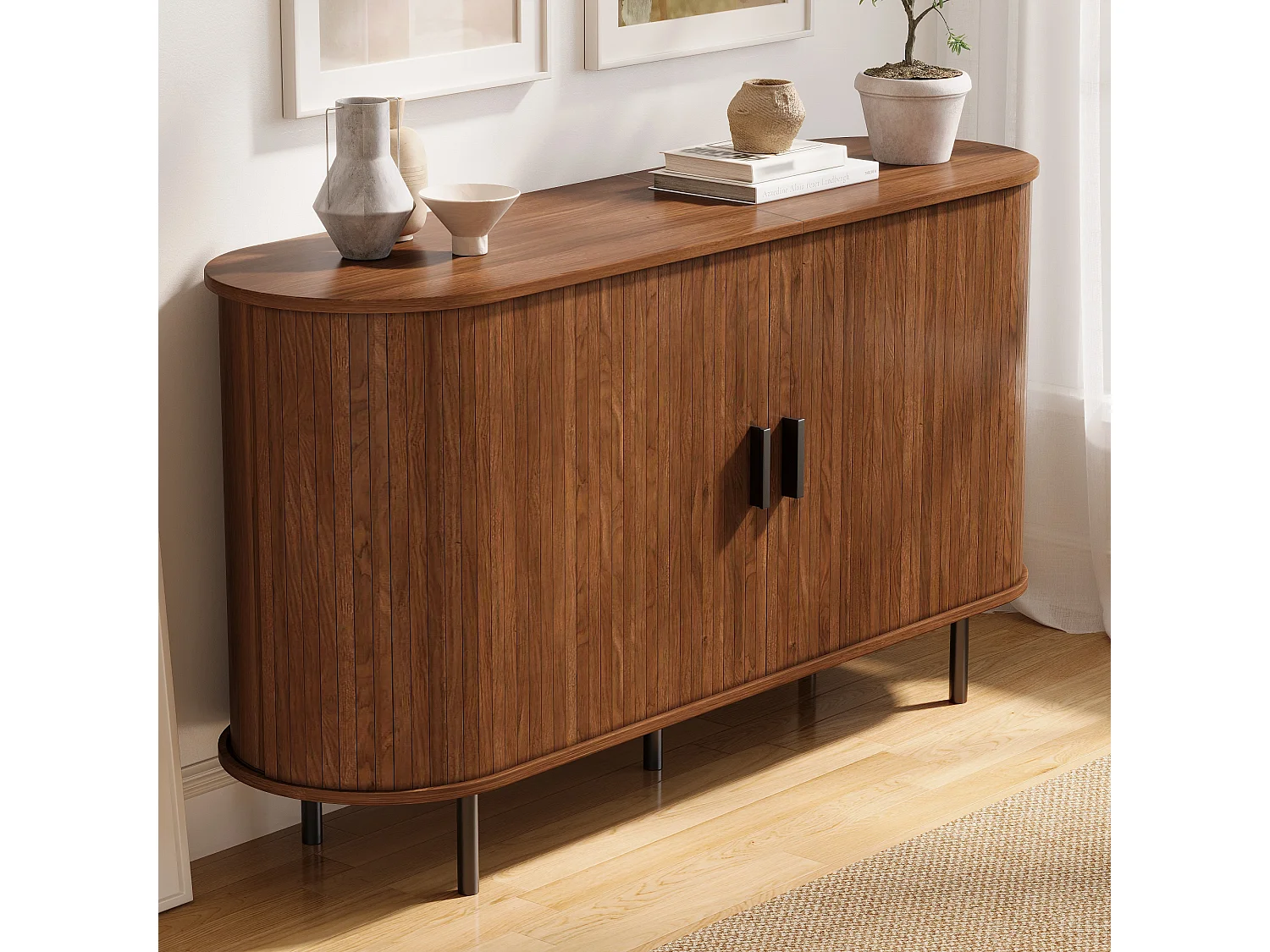 Moderner Buffetschrank 140 x 40 x 75 cm - 2 Schiebetüren und 4 Regale - Abgerundete Ecken - Metallfüße - Braun