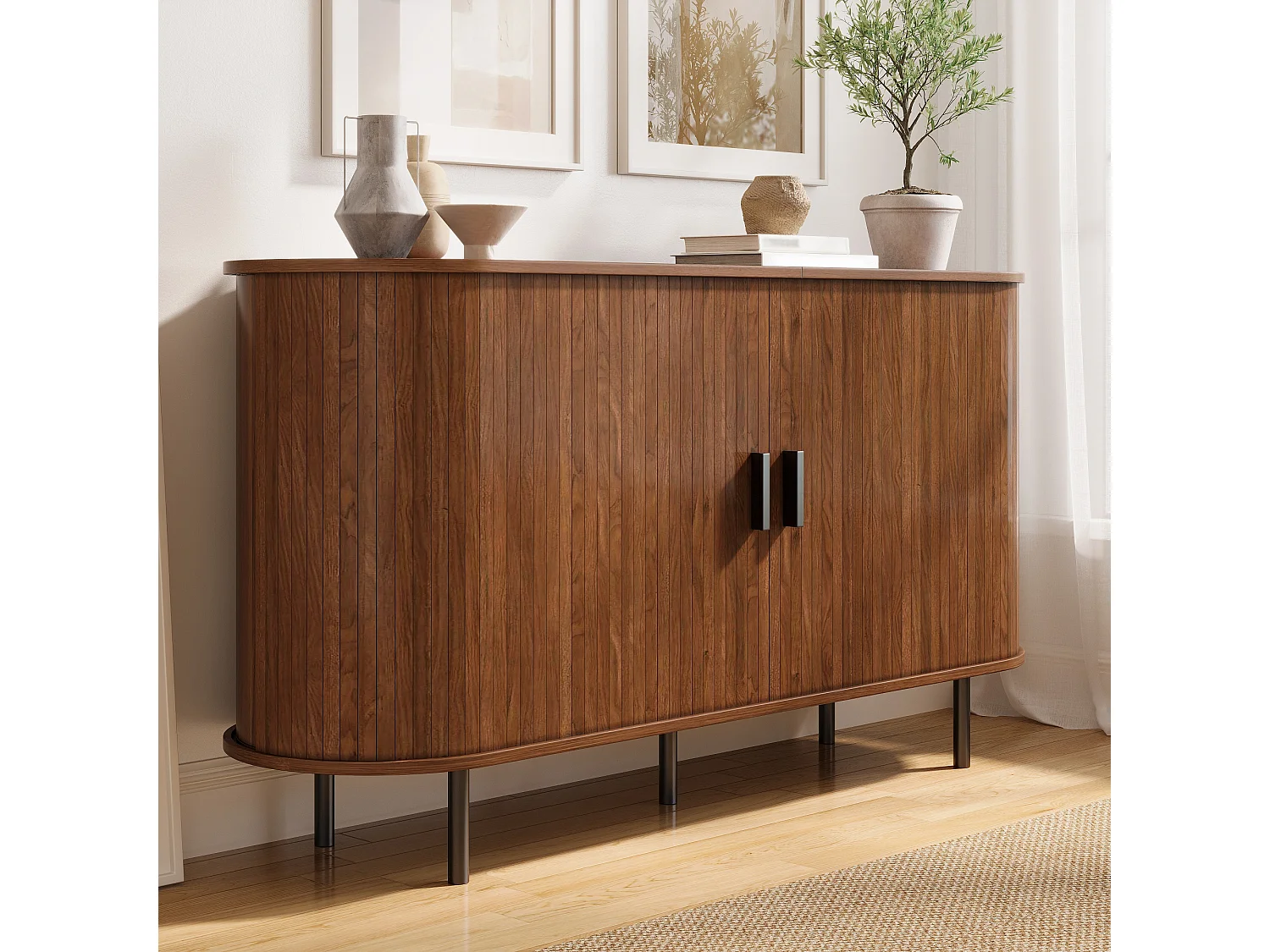 Moderner Buffetschrank 140 x 40 x 75 cm - 2 Schiebetüren und 4 Regale - Abgerundete Ecken - Metallfüße - Braun