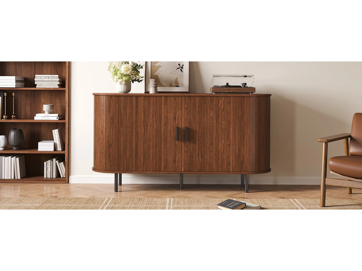 Moderner Buffetschrank 140 x 40 x 75 cm - 2 Schiebetüren und 4 Regale - Abgerundete Ecken - Metallfüße - Braun
