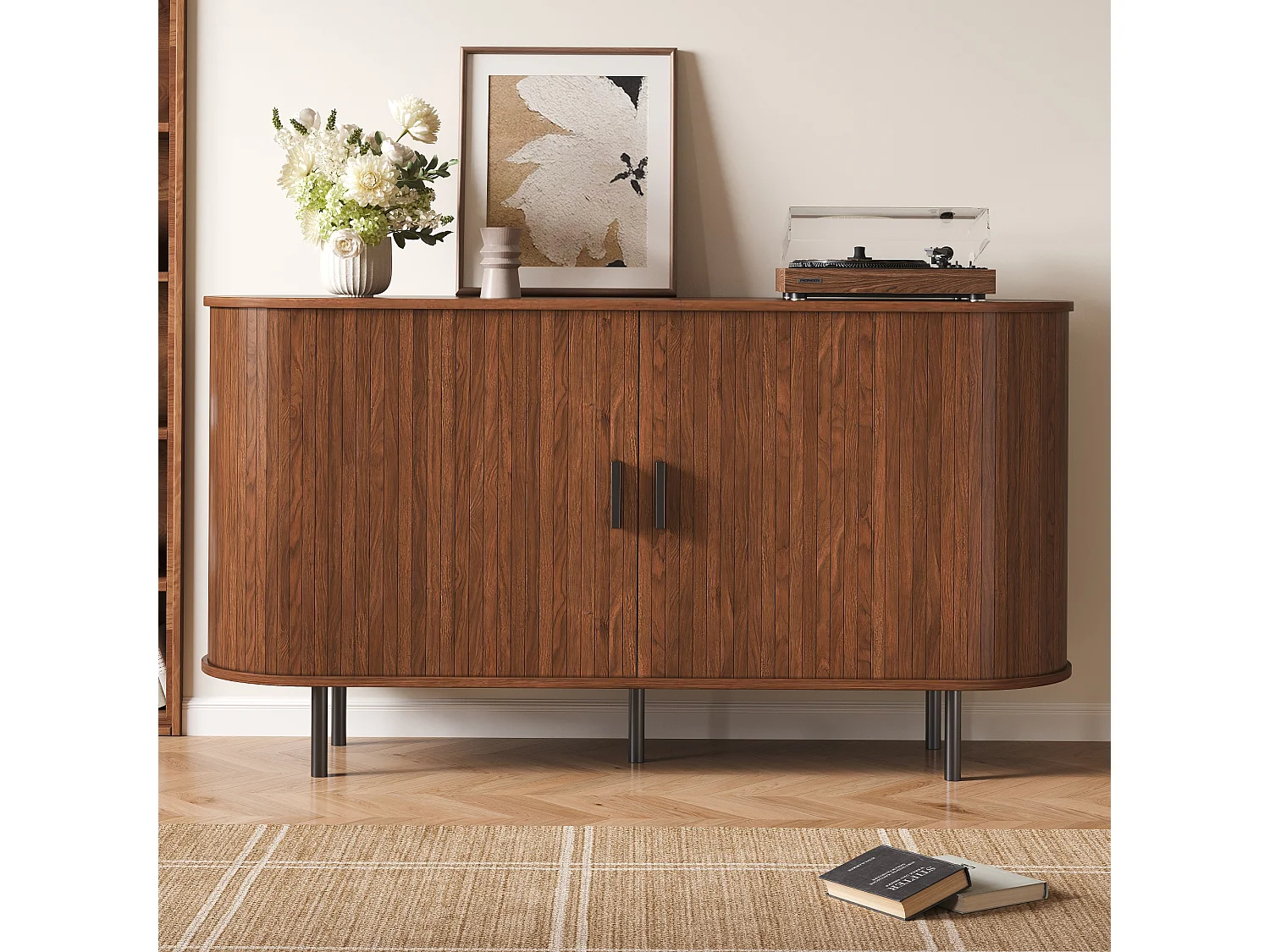 Moderner Buffetschrank 140 x 40 x 75 cm - 2 Schiebetüren und 4 Regale - Abgerundete Ecken - Metallfüße - Braun