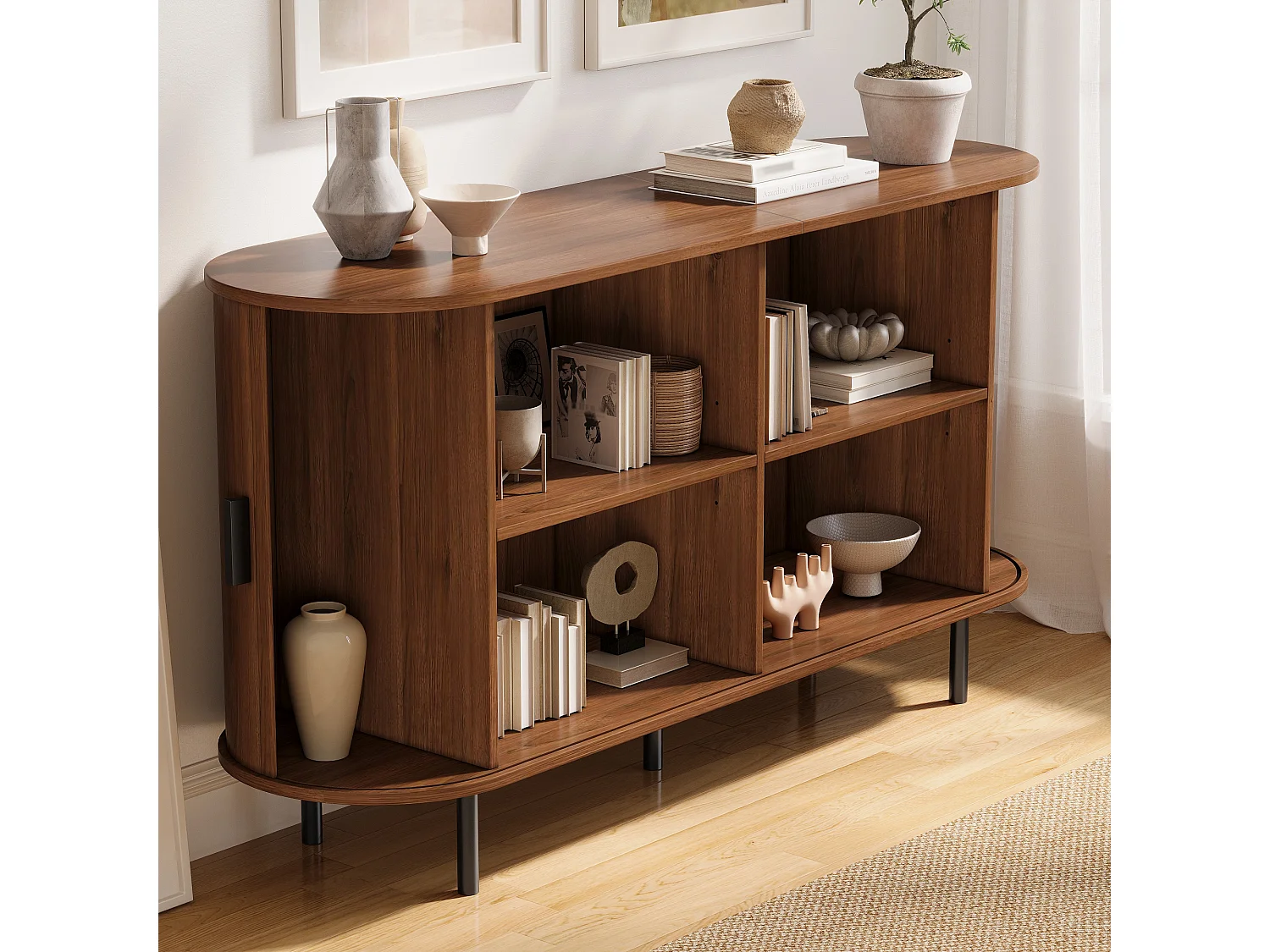 Moderner Buffetschrank 140 x 40 x 75 cm - 2 Schiebetüren und 4 Regale - Abgerundete Ecken - Metallfüße - Braun
