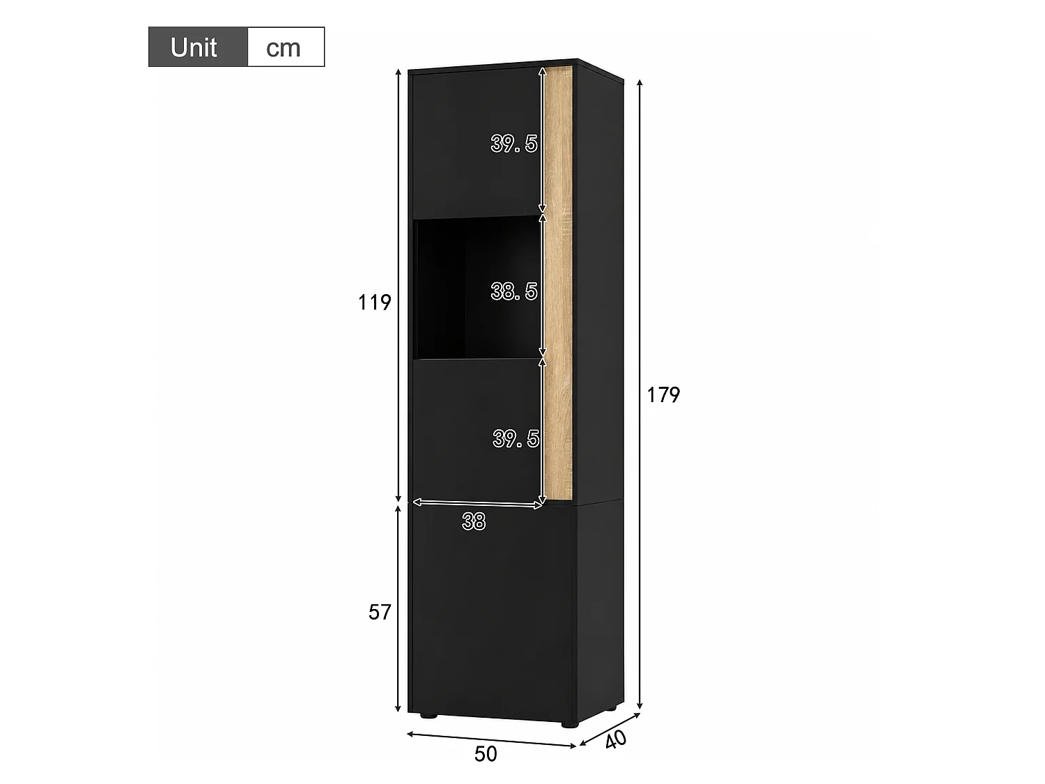 Vitrine 50x40x179cm - avec éclairage LED - avec 2 portes - Étagères réglables - Noir+Naturel