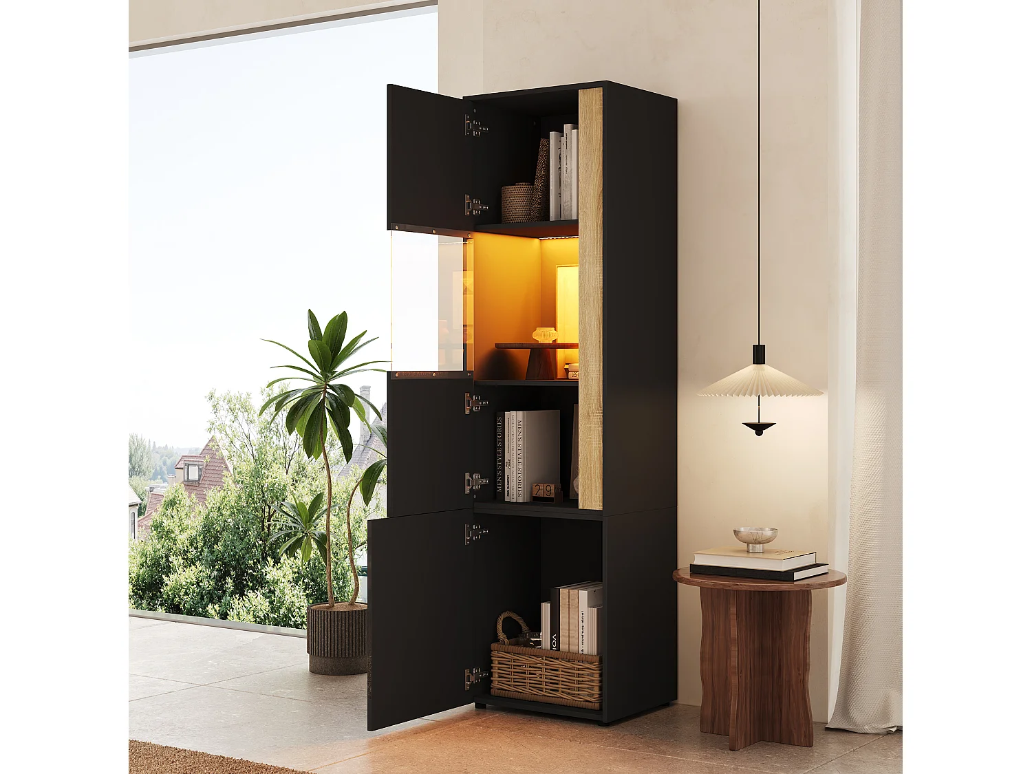 Vitrine 50x40x179cm - avec éclairage LED - avec 2 portes - Étagères réglables - Noir+Naturel