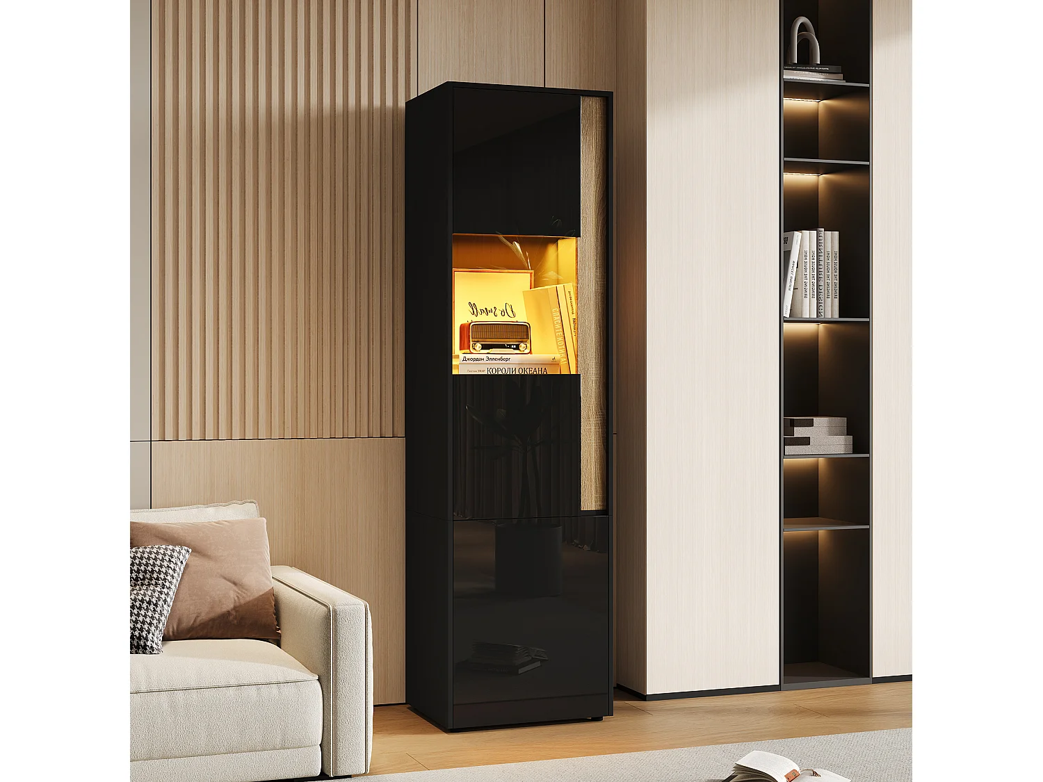 Vitrine 50x40x179cm - avec éclairage LED - avec 2 portes - Étagères réglables - Noir+Naturel