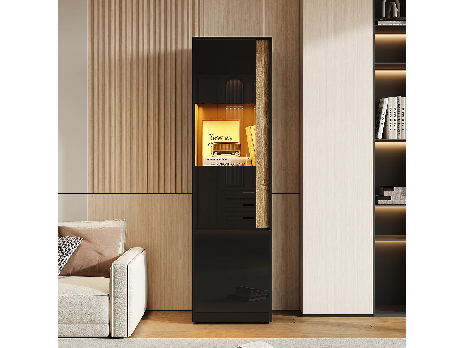 Vitrine 50x40x179cm - avec éclairage LED - avec 2 portes - Étagères réglables - Noir+Naturel