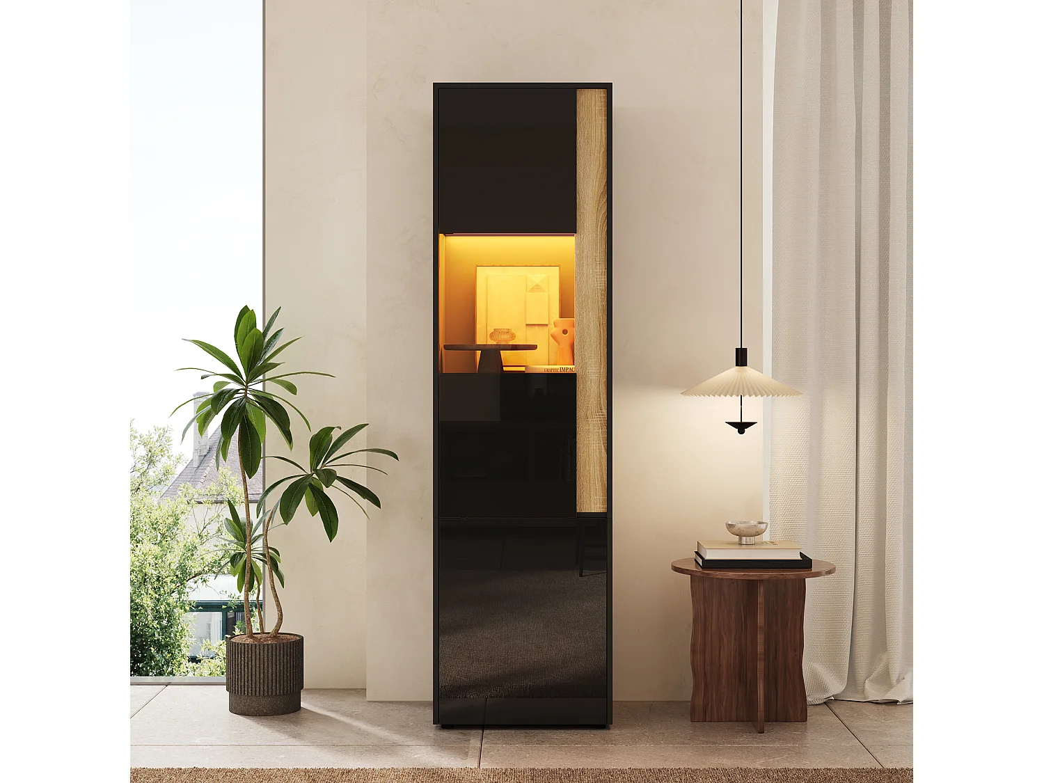Vitrine 50x40x179cm - avec éclairage LED - avec 2 portes - Étagères réglables - Noir+Naturel