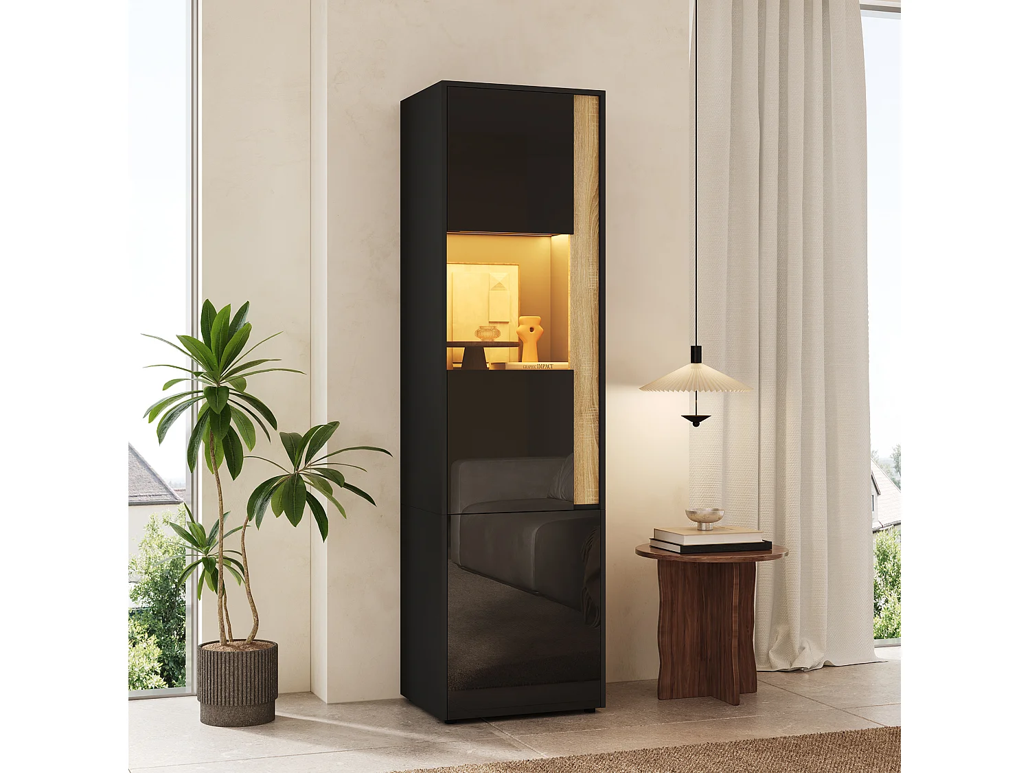 Vitrine 50x40x179cm - avec éclairage LED - avec 2 portes - Étagères réglables - Noir+Naturel