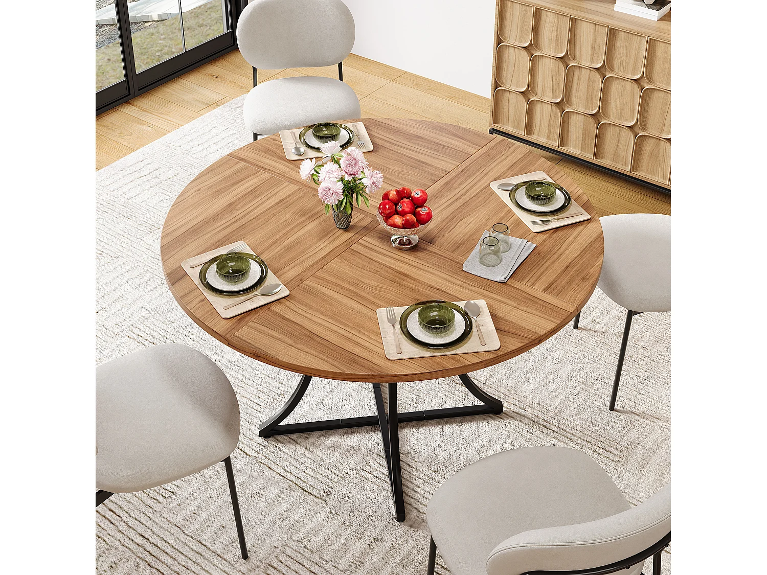 Table à Manger Ronde 100cm - Table de Cuisine pour 4-6 Personnes avec Étagère Inférieure, Plateau Effet Noyer & Piétement Métal Noir en X -marron
