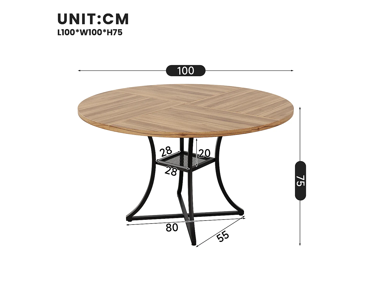 Table à Manger Ronde 100cm - Table de Cuisine pour 4-6 Personnes avec Étagère Inférieure, Plateau Effet Noyer & Piétement Métal Noir en X -marron