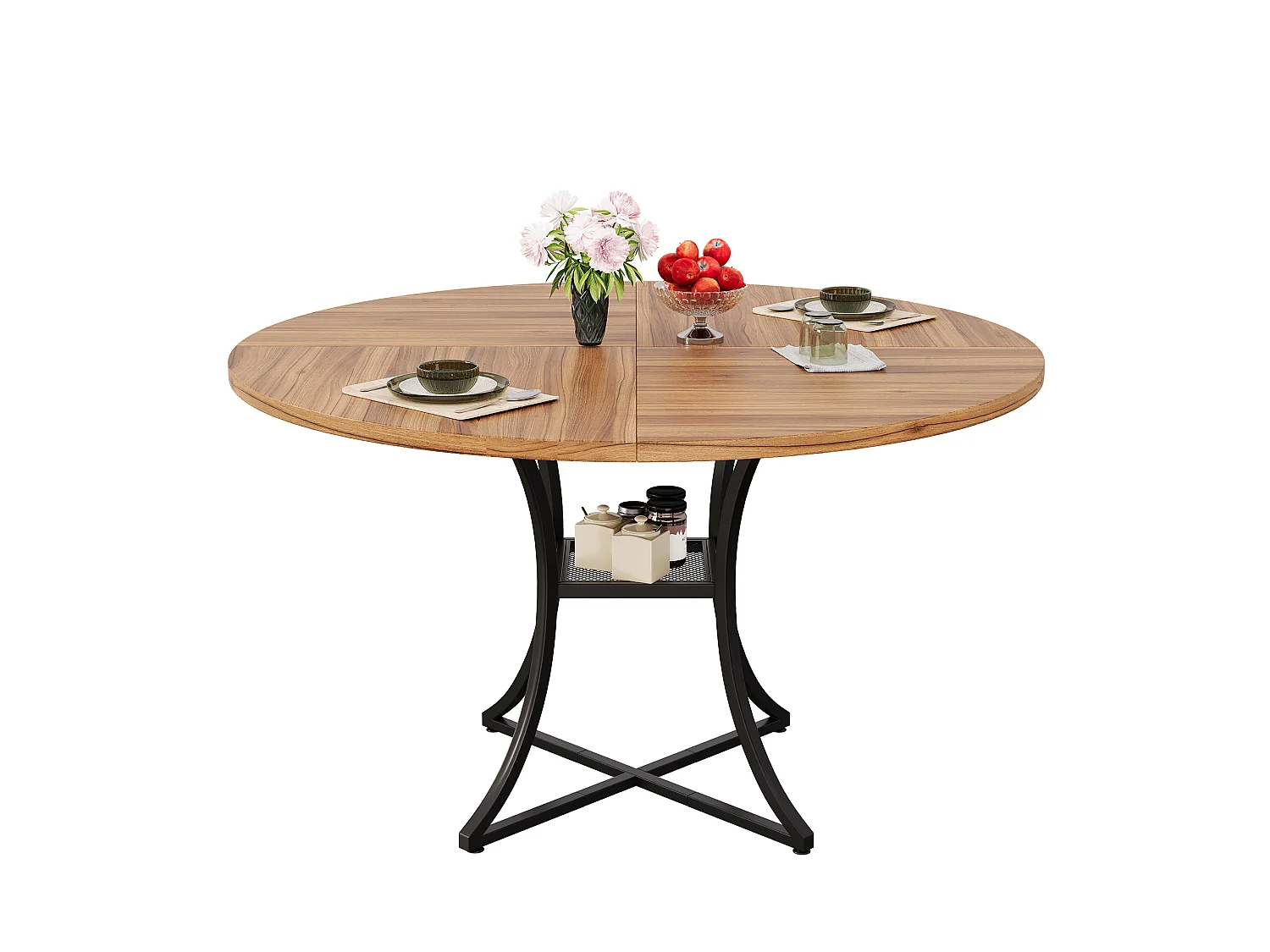 Table à Manger Ronde 100cm - Table de Cuisine pour 4-6 Personnes avec Étagère Inférieure, Plateau Effet Noyer & Piétement Métal Noir en X -marron