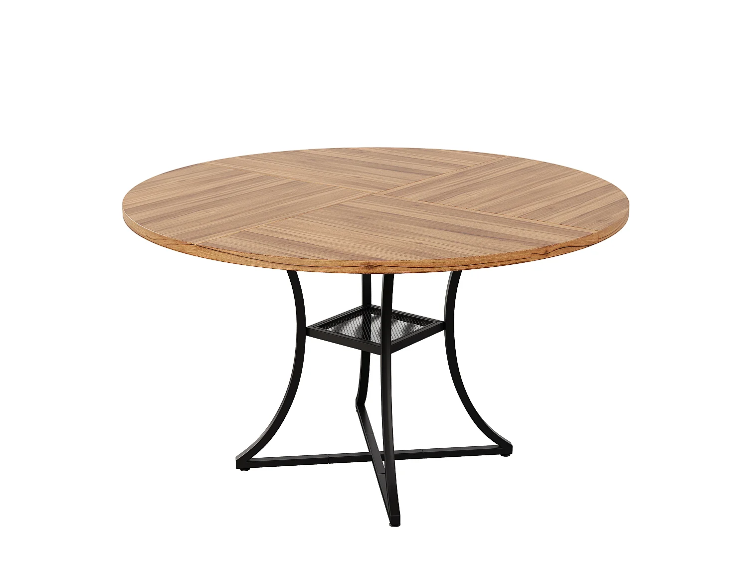 Table à Manger Ronde 100cm - Table de Cuisine pour 4-6 Personnes avec Étagère Inférieure, Plateau Effet Noyer & Piétement Métal Noir en X -marron