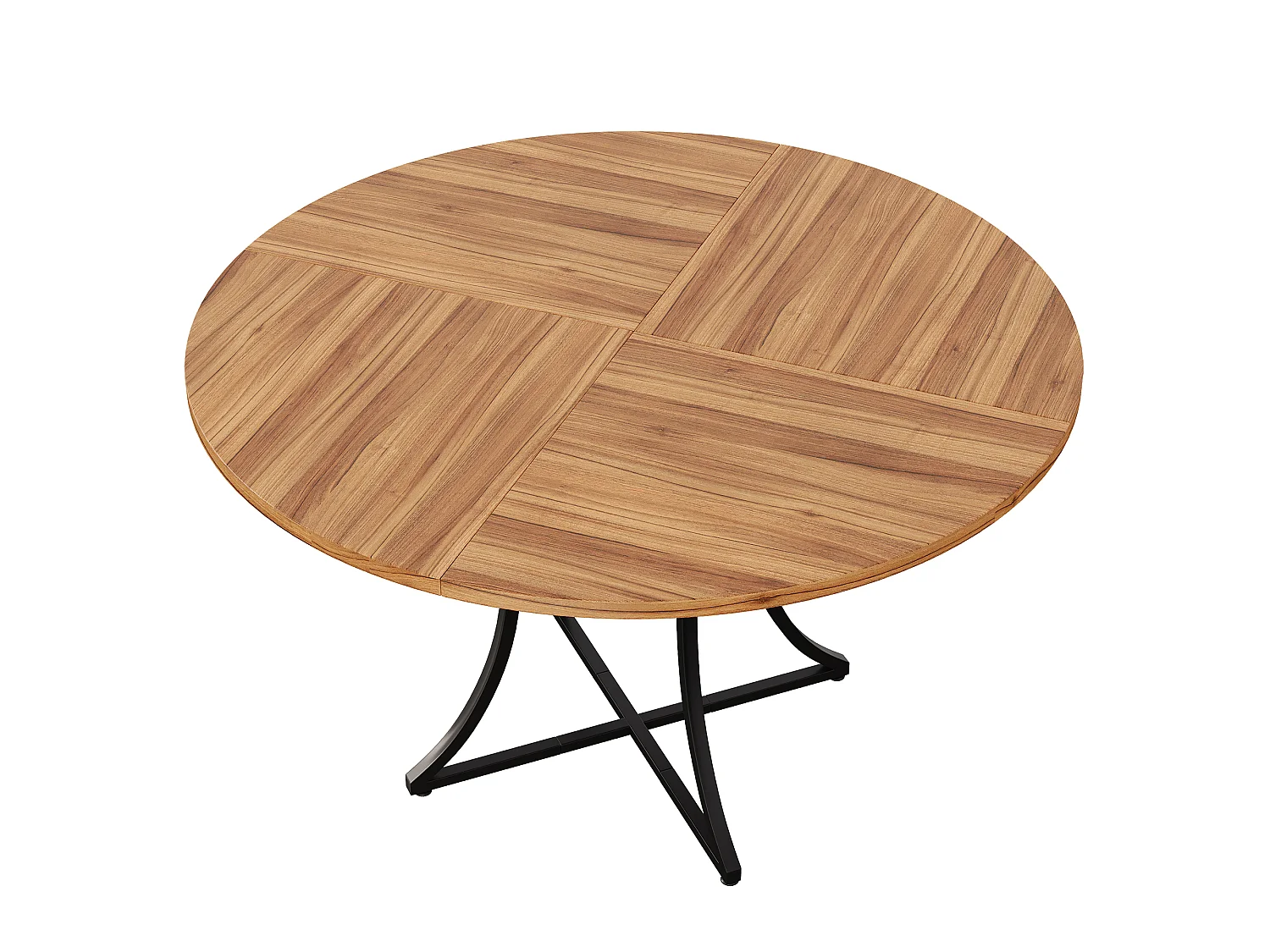 Table à Manger Ronde 100cm - Table de Cuisine pour 4-6 Personnes avec Étagère Inférieure, Plateau Effet Noyer & Piétement Métal Noir en X -marron