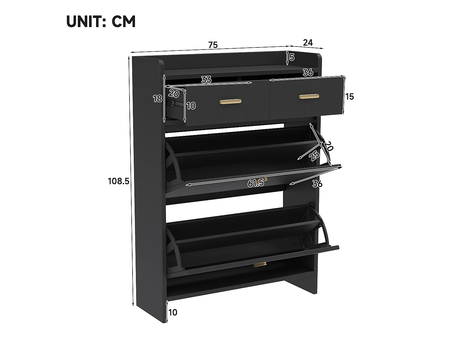 Meuble à chaussures avec 2 portes rabattables, 2 tiroirs et niche ouverte - Panneaux de particules - 75 x 24 x 108,5 cm - Noir