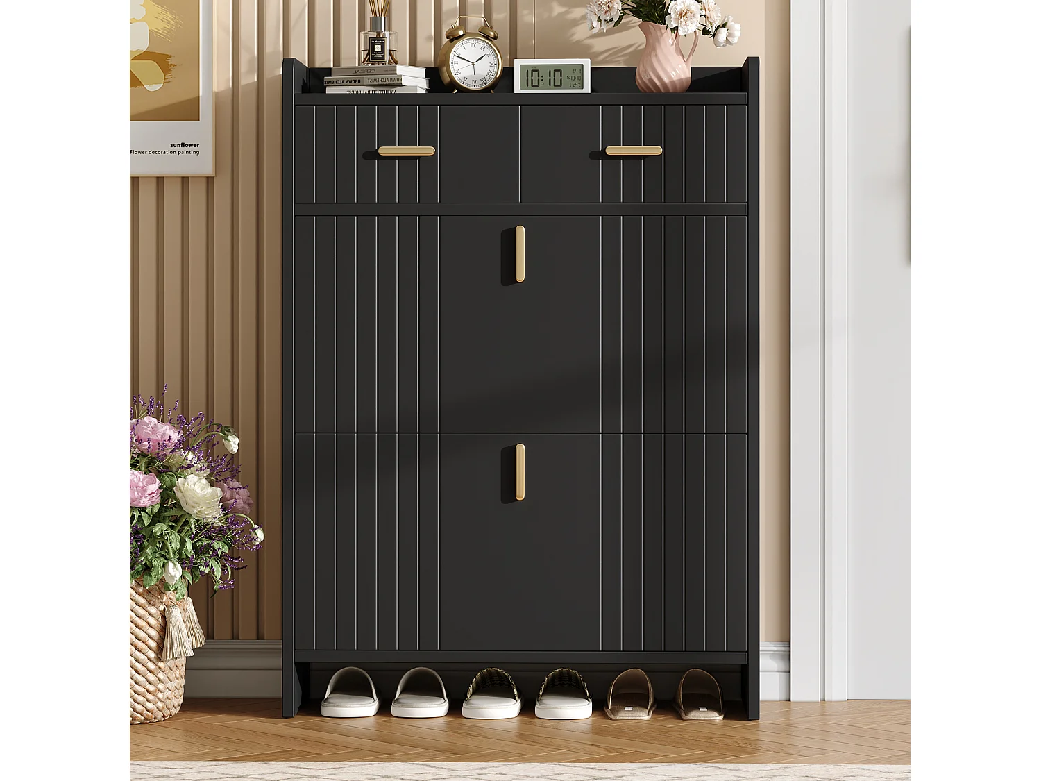 Meuble à chaussures avec 2 portes rabattables, 2 tiroirs et niche ouverte - Panneaux de particules - 75 x 24 x 108,5 cm - Noir
