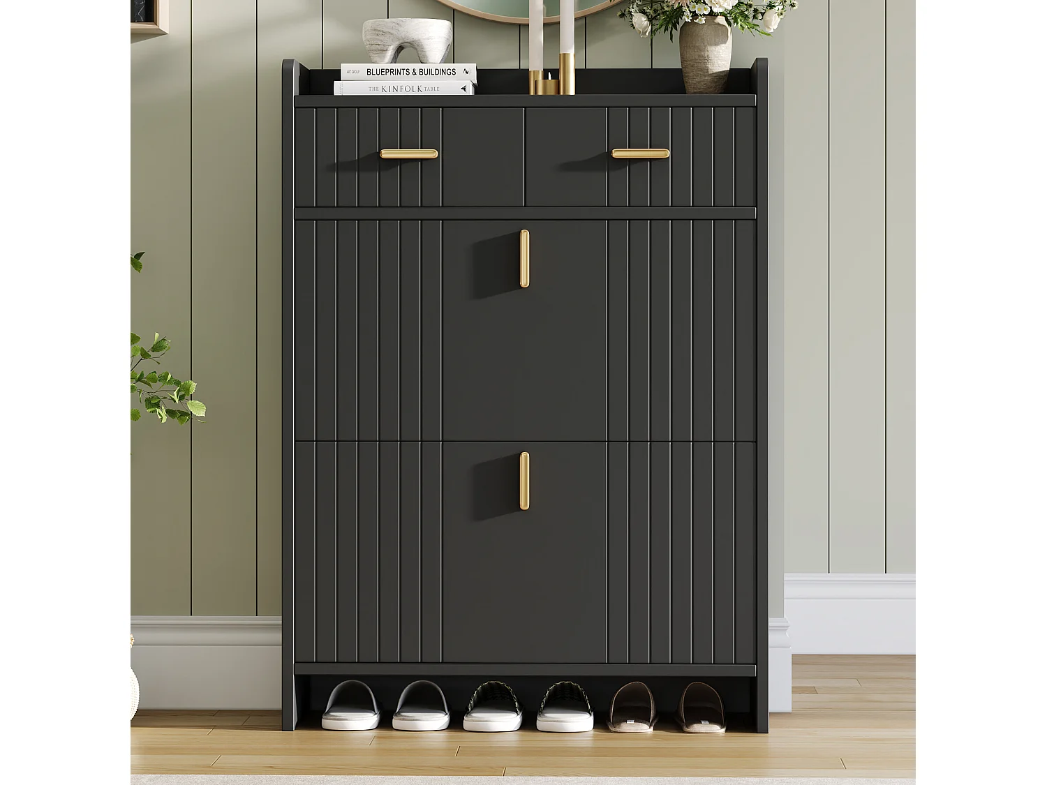 Meuble à chaussures avec 2 portes rabattables, 2 tiroirs et niche ouverte - Panneaux de particules - 75 x 24 x 108,5 cm - Noir