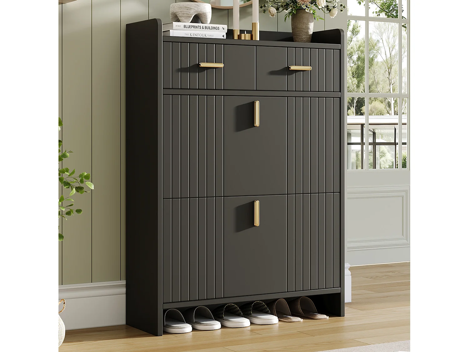 Meuble à chaussures avec 2 portes rabattables, 2 tiroirs et niche ouverte - Panneaux de particules - 75 x 24 x 108,5 cm - Noir
