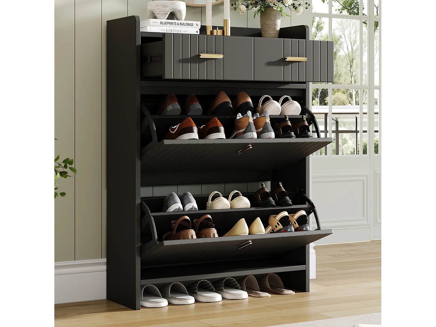 Meuble à chaussures avec 2 portes rabattables, 2 tiroirs et niche ouverte - Panneaux de particules - 75 x 24 x 108,5 cm - Noir