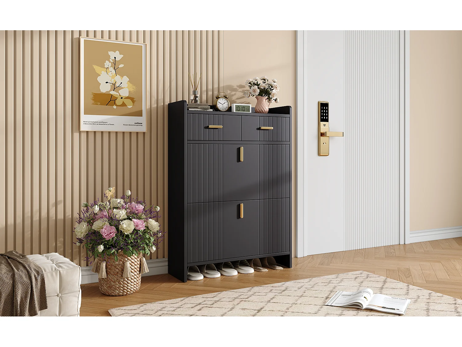 Meuble à chaussures avec 2 portes rabattables, 2 tiroirs et niche ouverte - Panneaux de particules - 75 x 24 x 108,5 cm - Noir