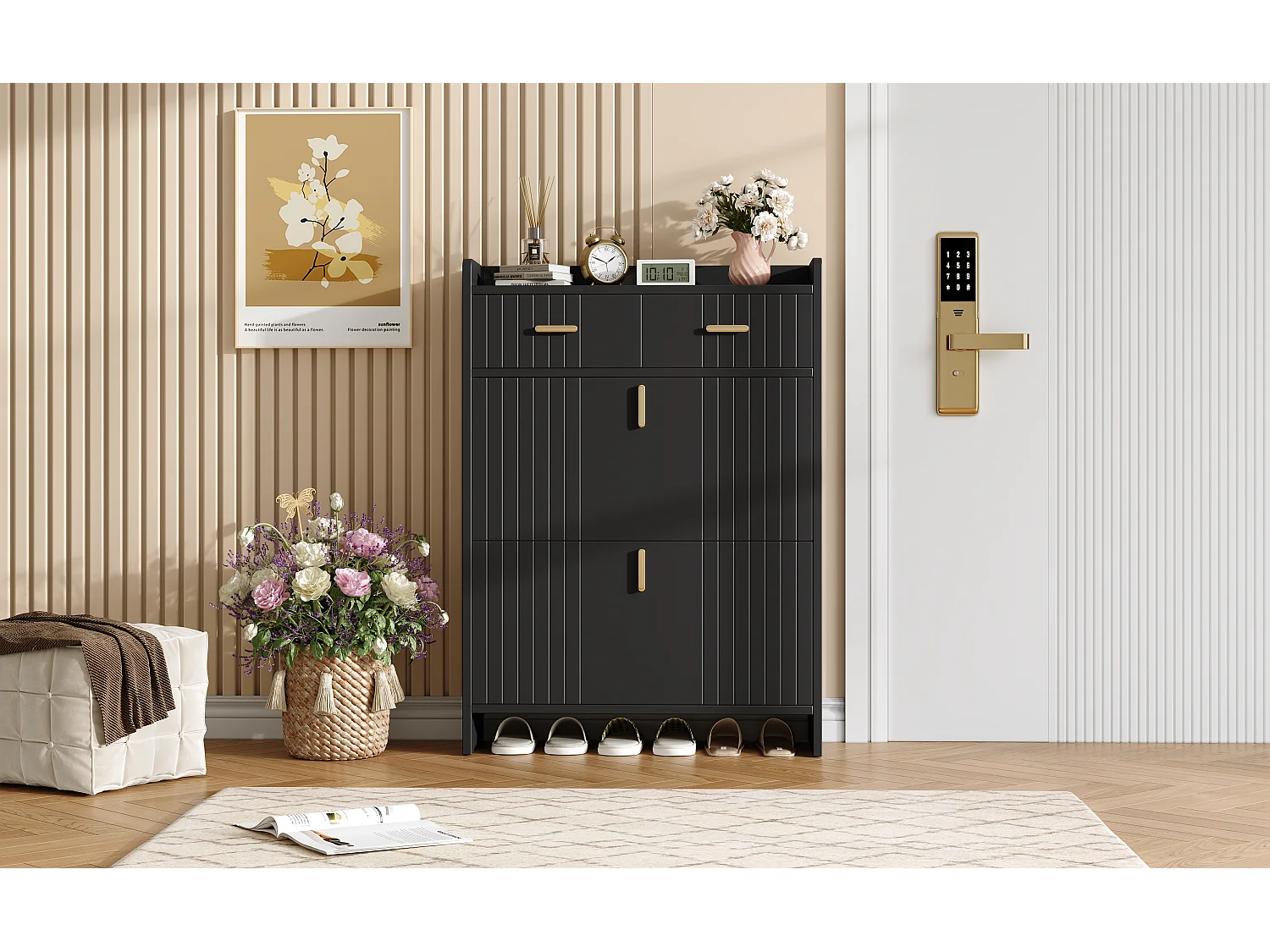 Meuble à chaussures avec 2 portes rabattables, 2 tiroirs et niche ouverte - Panneaux de particules - 75 x 24 x 108,5 cm - Noir