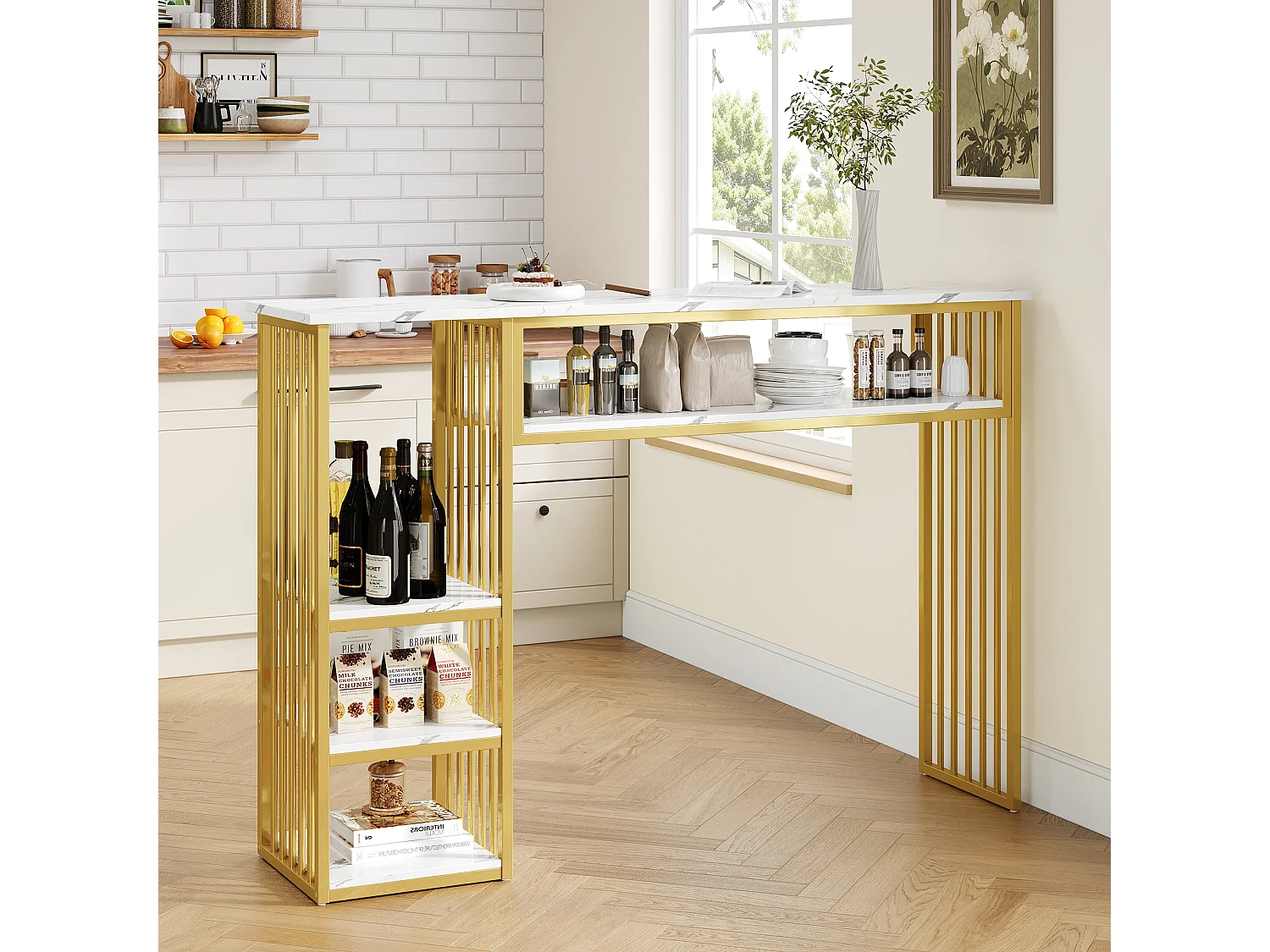 Tavolo da Bar con Ripiano 140x40x105cm - Mangiastare con Ripiani Laterali & Piedini in Metallo - Stile Moderno - Bianco