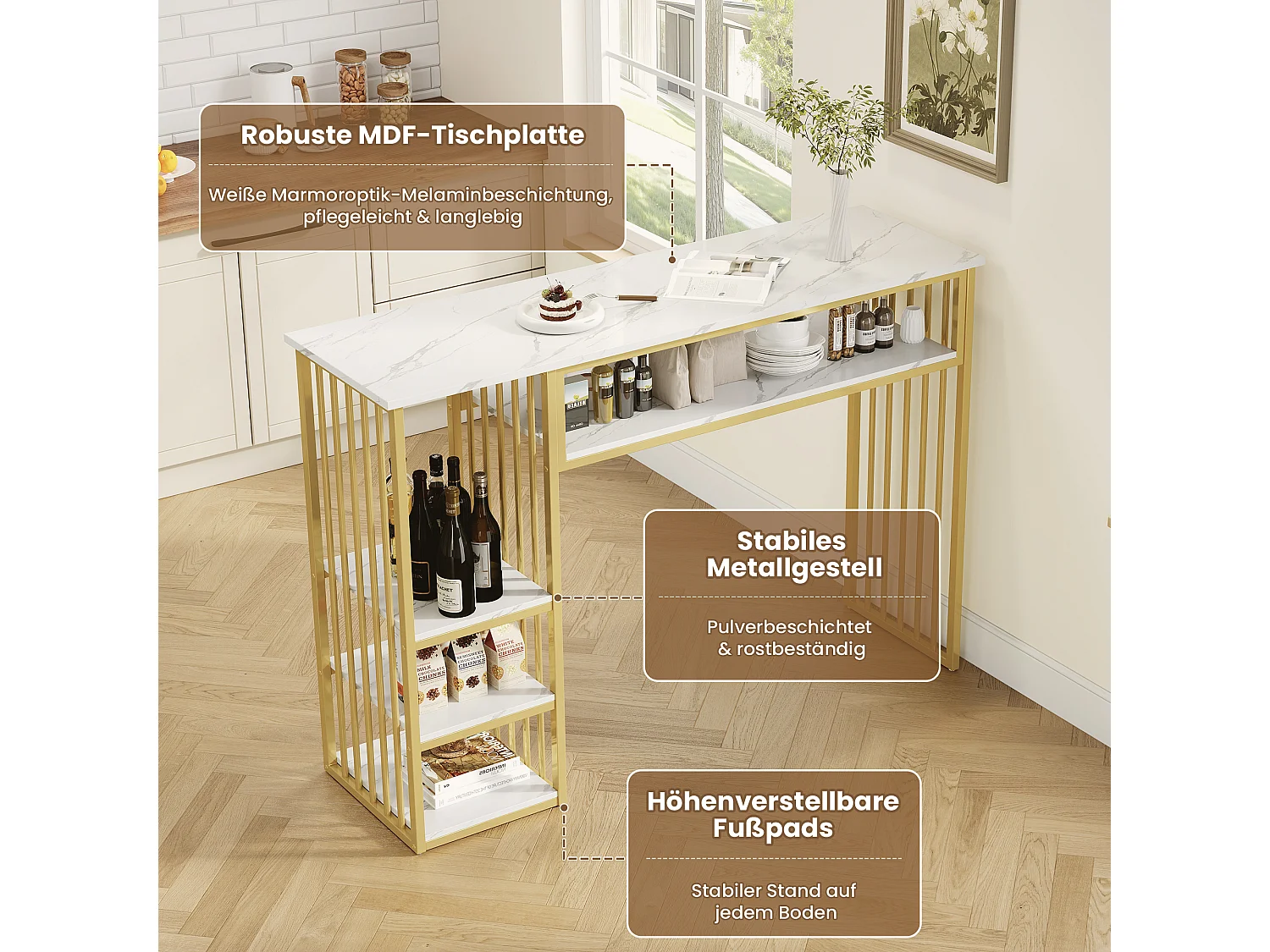 Tavolo da Bar con Ripiano 140x40x105cm - Mangiastare con Ripiani Laterali & Piedini in Metallo - Stile Moderno - Bianco