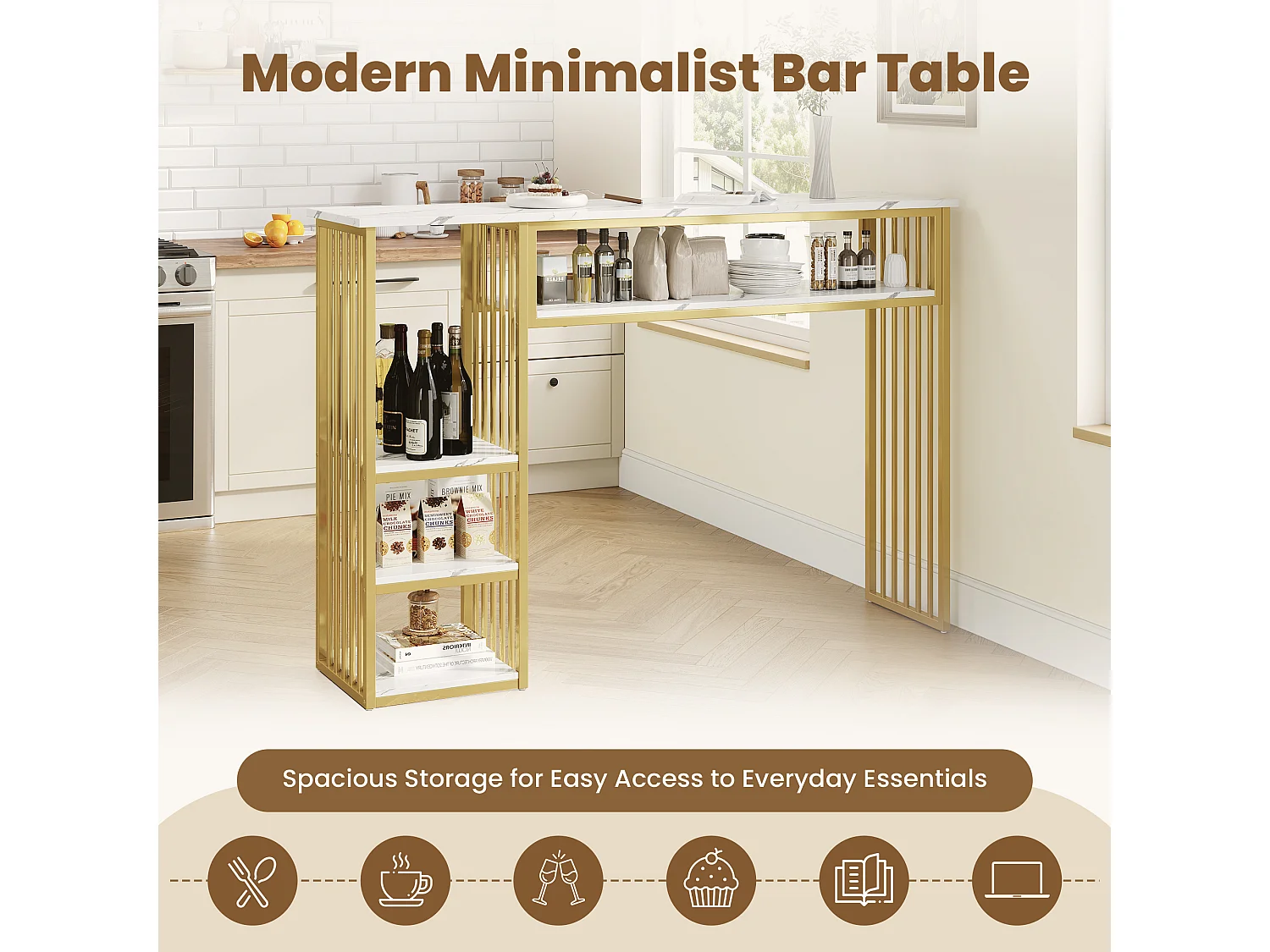 Tavolo da Bar con Ripiano 140x40x105cm - Mangiastare con Ripiani Laterali & Piedini in Metallo - Stile Moderno - Bianco