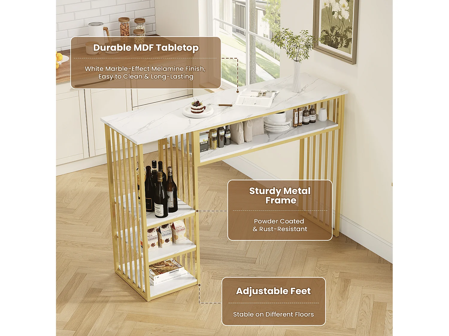 Tavolo da Bar con Ripiano 140x40x105cm - Mangiastare con Ripiani Laterali & Piedini in Metallo - Stile Moderno - Bianco