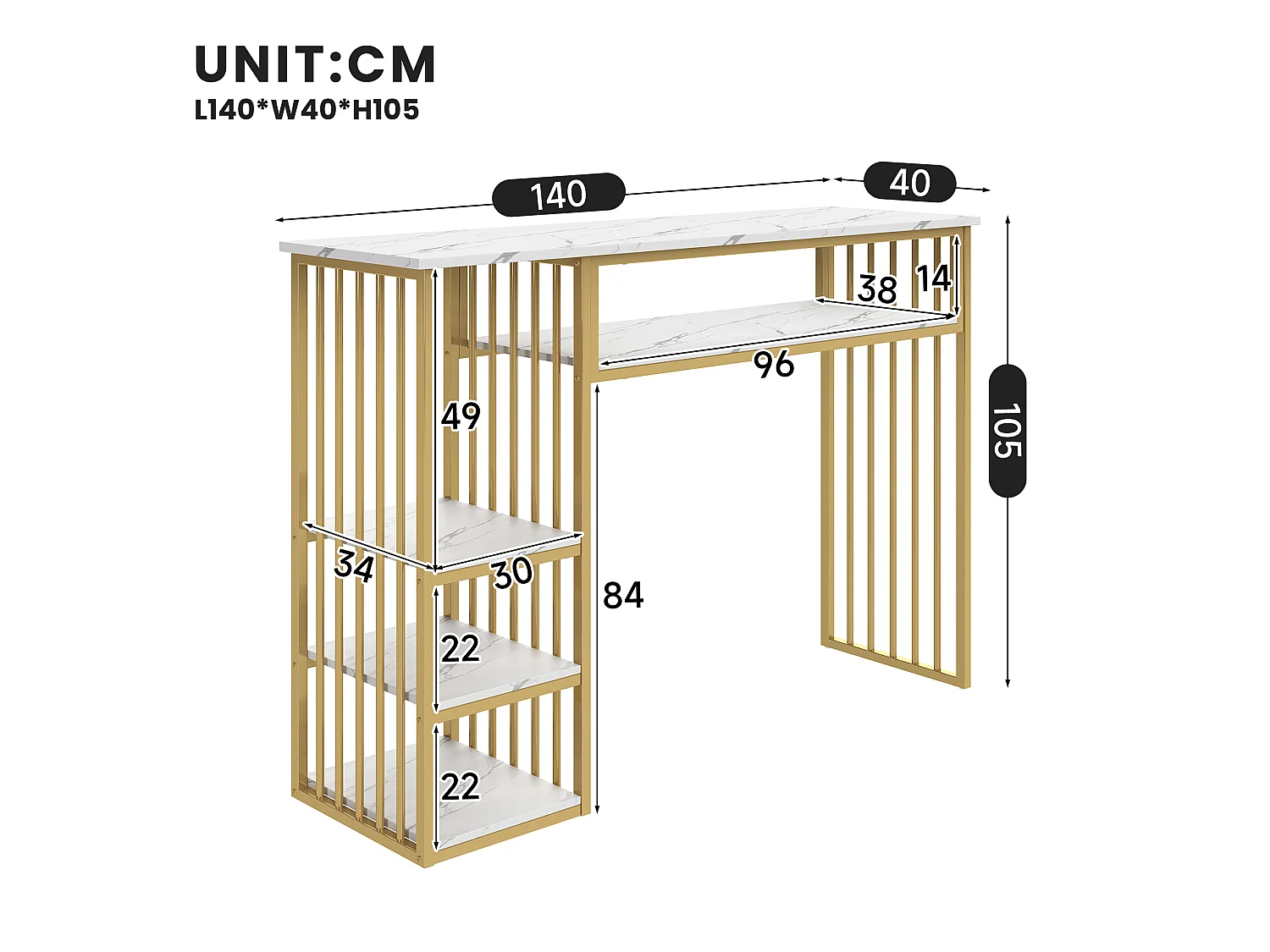 Tavolo da Bar con Ripiano 140x40x105cm - Mangiastare con Ripiani Laterali & Piedini in Metallo - Stile Moderno - Bianco