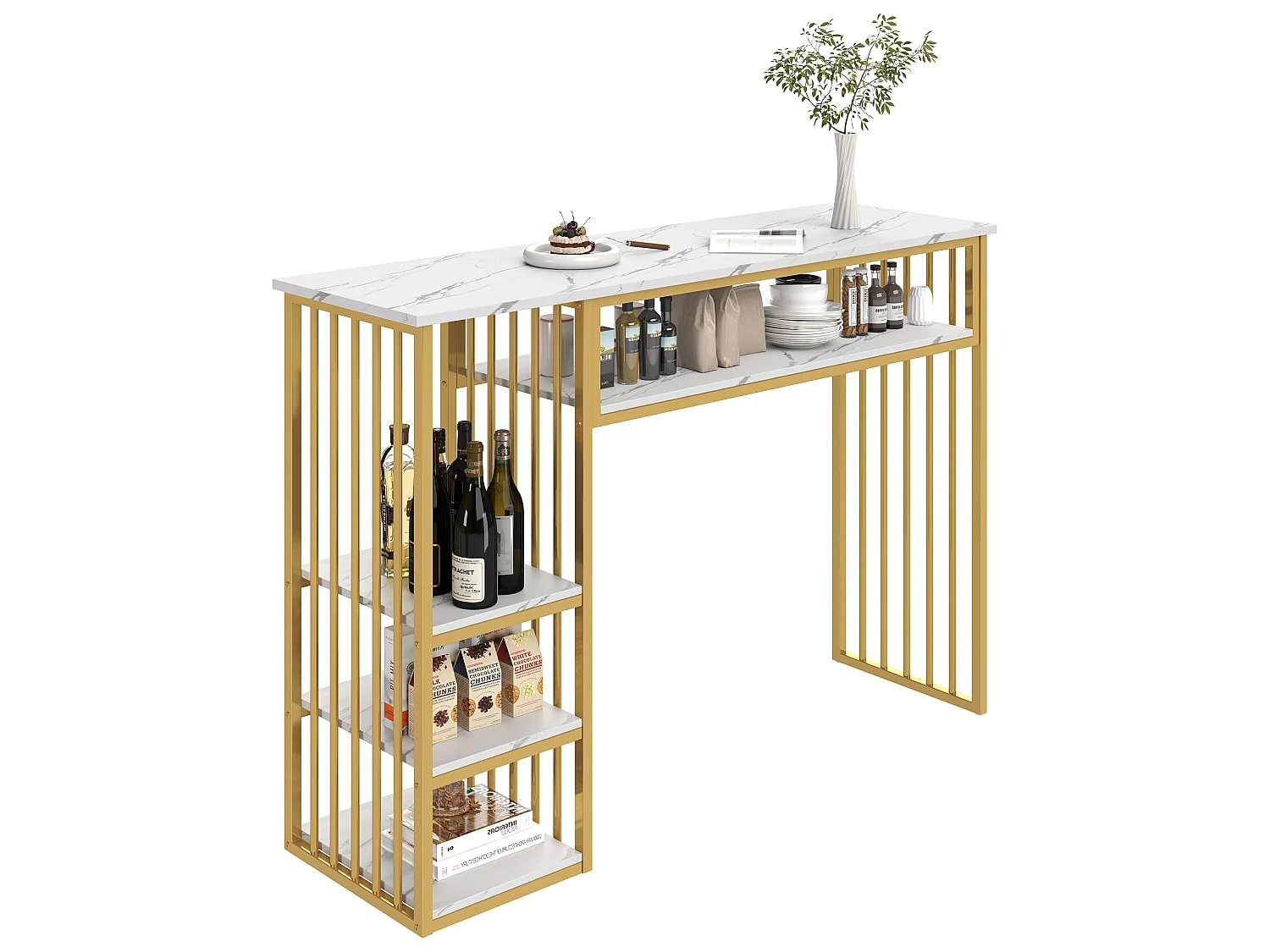 Tavolo da Bar con Ripiano 140x40x105cm - Mangiastare con Ripiani Laterali & Piedini in Metallo - Stile Moderno - Bianco