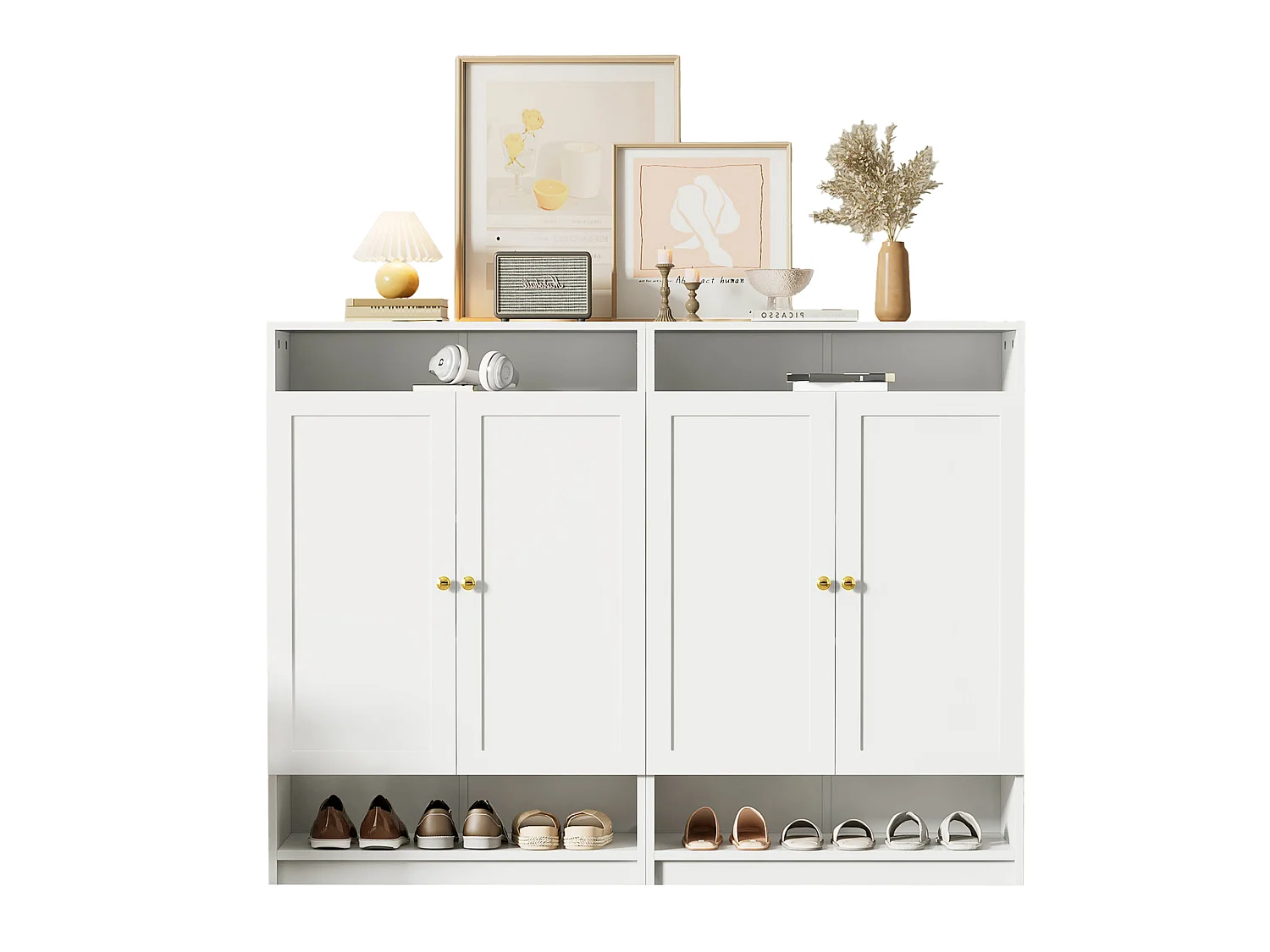 Moderne schoenenkast met 4 deuren en verstelbare planken - 146 x 34 x 109 cm - Spaanplaat - Wit