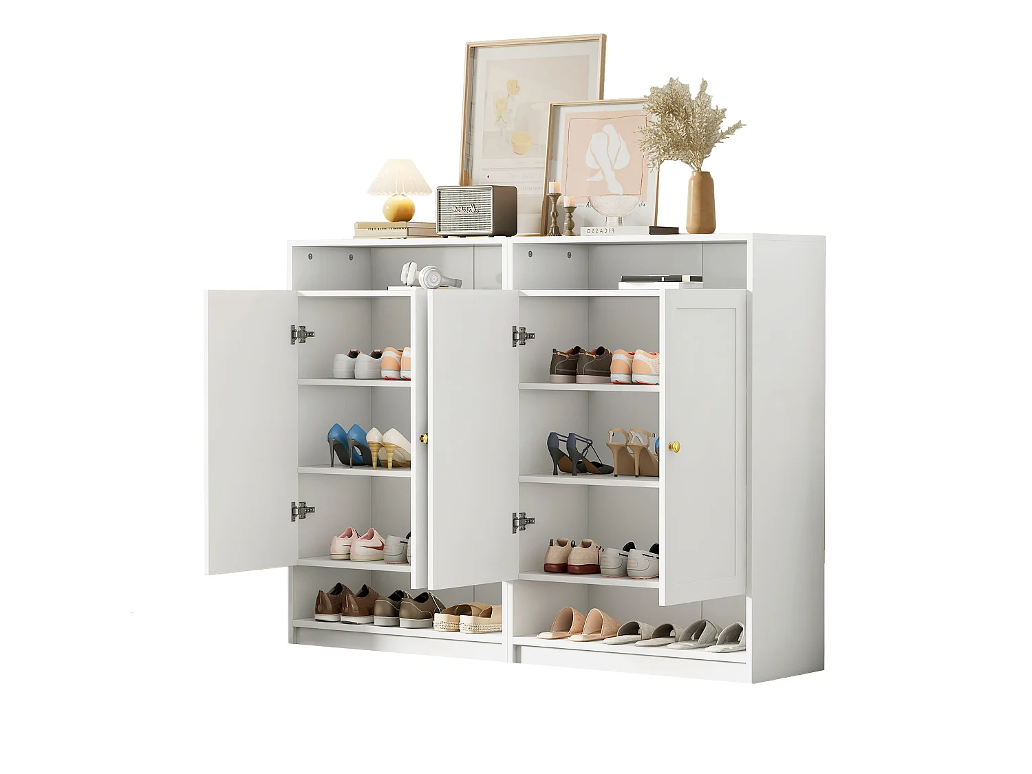 Moderne schoenenkast met 4 deuren en verstelbare planken - 146 x 34 x 109 cm - Spaanplaat - Wit