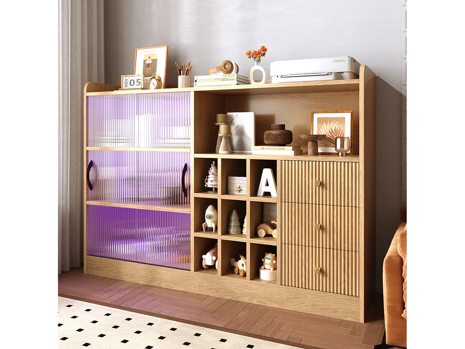 Moderne Anrichte 120x30x85cm - mit LED-Beleuchtung - Schiebetür aus halbtransparentem Glas - mit Weinregal - Natur