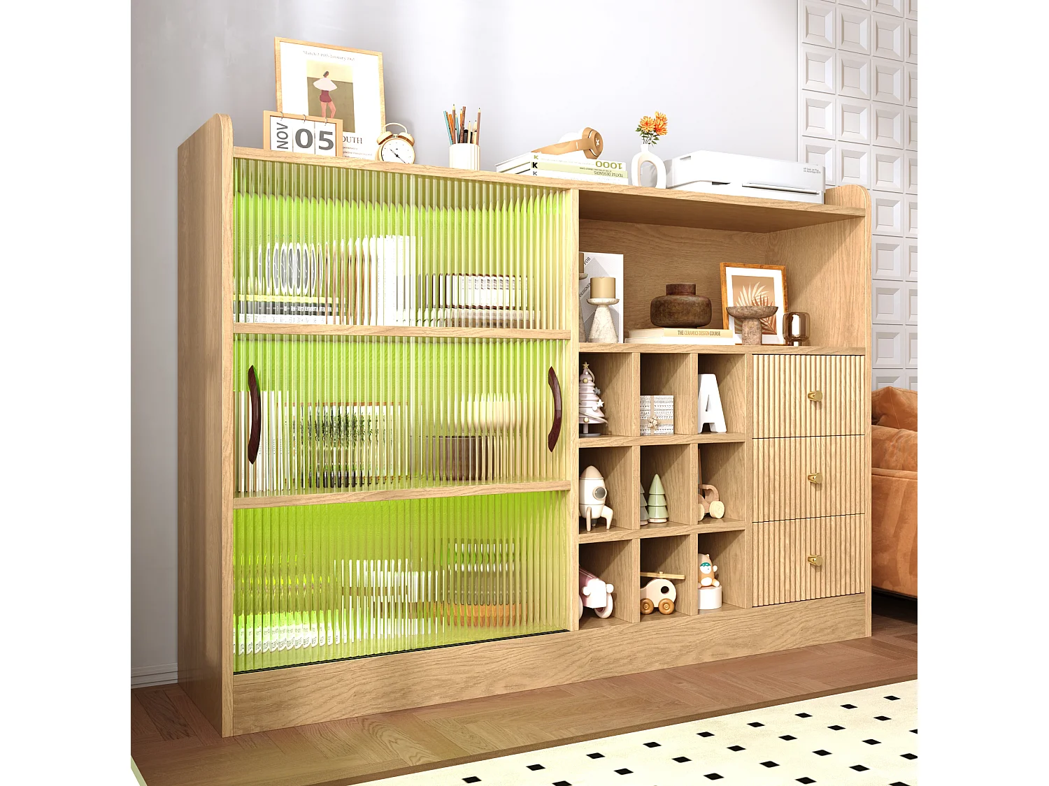 Moderne Anrichte 120x30x85cm - mit LED-Beleuchtung - Schiebetür aus halbtransparentem Glas - mit Weinregal - Natur