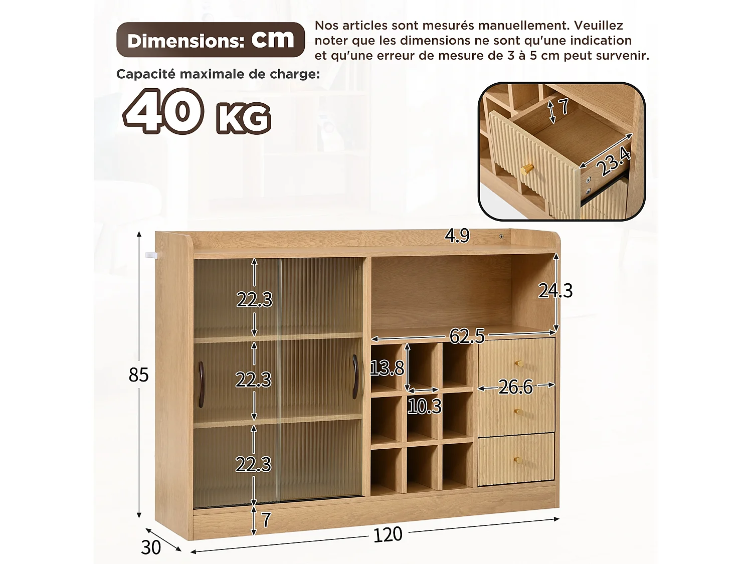 Moderne Anrichte 120x30x85cm - mit LED-Beleuchtung - Schiebetür aus halbtransparentem Glas - mit Weinregal - Natur