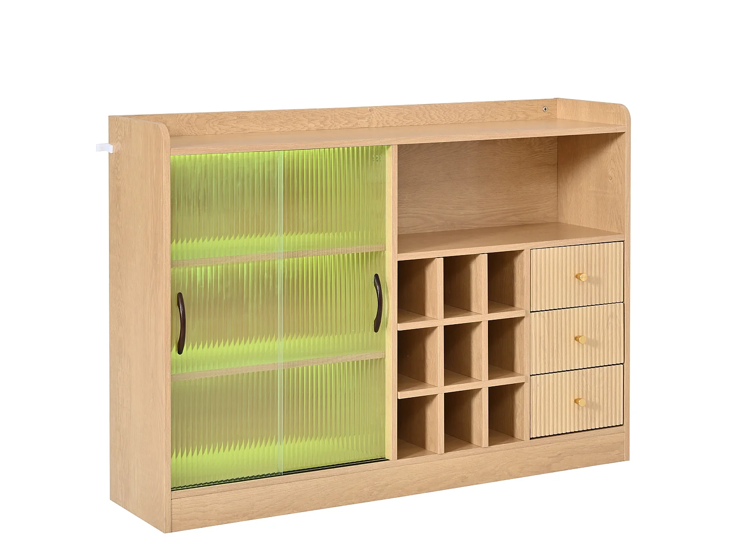 Moderne Anrichte 120x30x85cm - mit LED-Beleuchtung - Schiebetür aus halbtransparentem Glas - mit Weinregal - Natur
