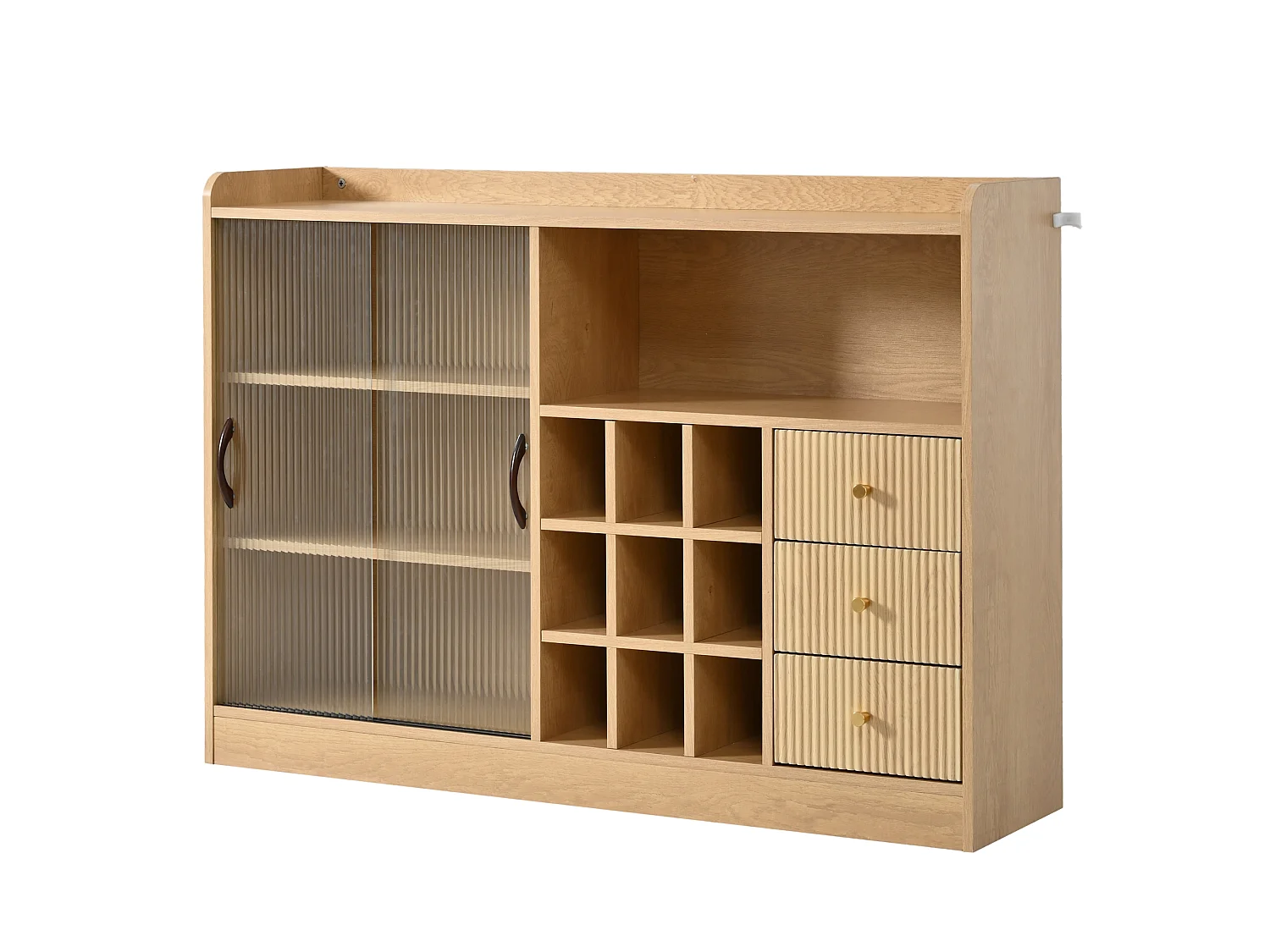 Moderne Anrichte 120x30x85cm - mit LED-Beleuchtung - Schiebetür aus halbtransparentem Glas - mit Weinregal - Natur