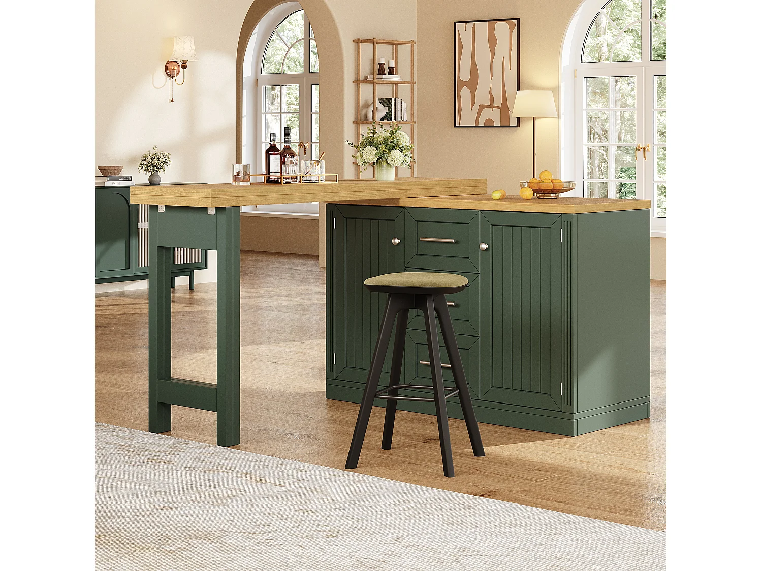 Móvel de bar de cozinha extensível - e rotação de 360° - mesa grande - 3 gavetas e 2 portas - Prateleira para petiscos - Verde