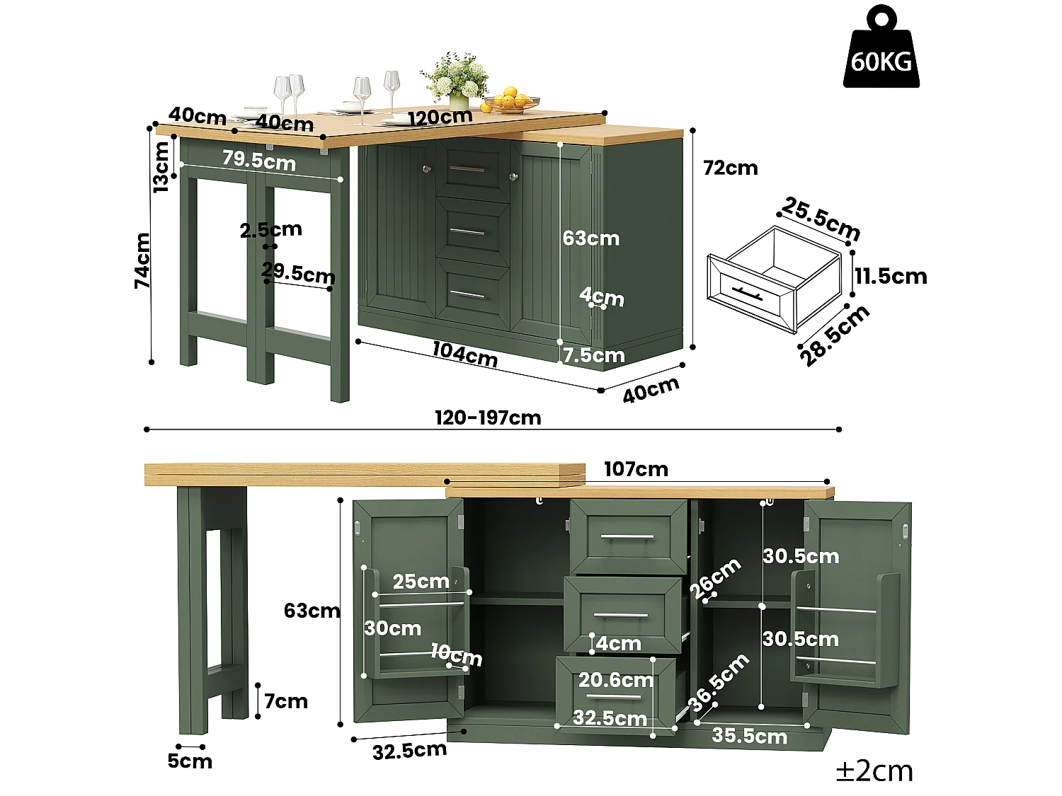Móvel de bar de cozinha extensível - e rotação de 360° - mesa grande - 3 gavetas e 2 portas - Prateleira para petiscos - Verde