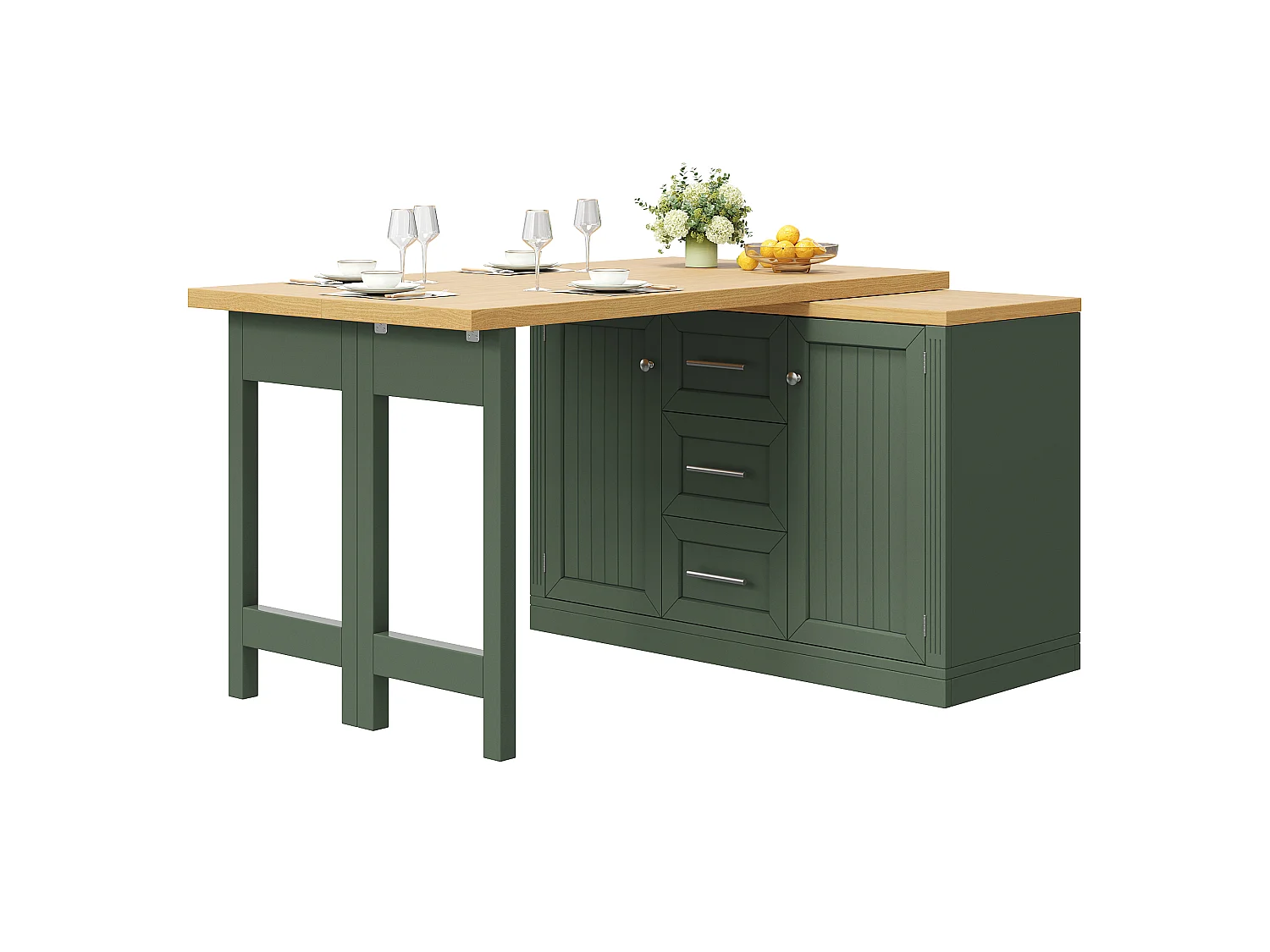 Móvel de bar de cozinha extensível - e rotação de 360° - mesa grande - 3 gavetas e 2 portas - Prateleira para petiscos - Verde