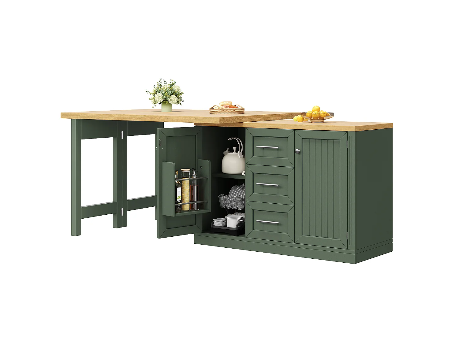 Móvel de bar de cozinha extensível - e rotação de 360° - mesa grande - 3 gavetas e 2 portas - Prateleira para petiscos - Verde