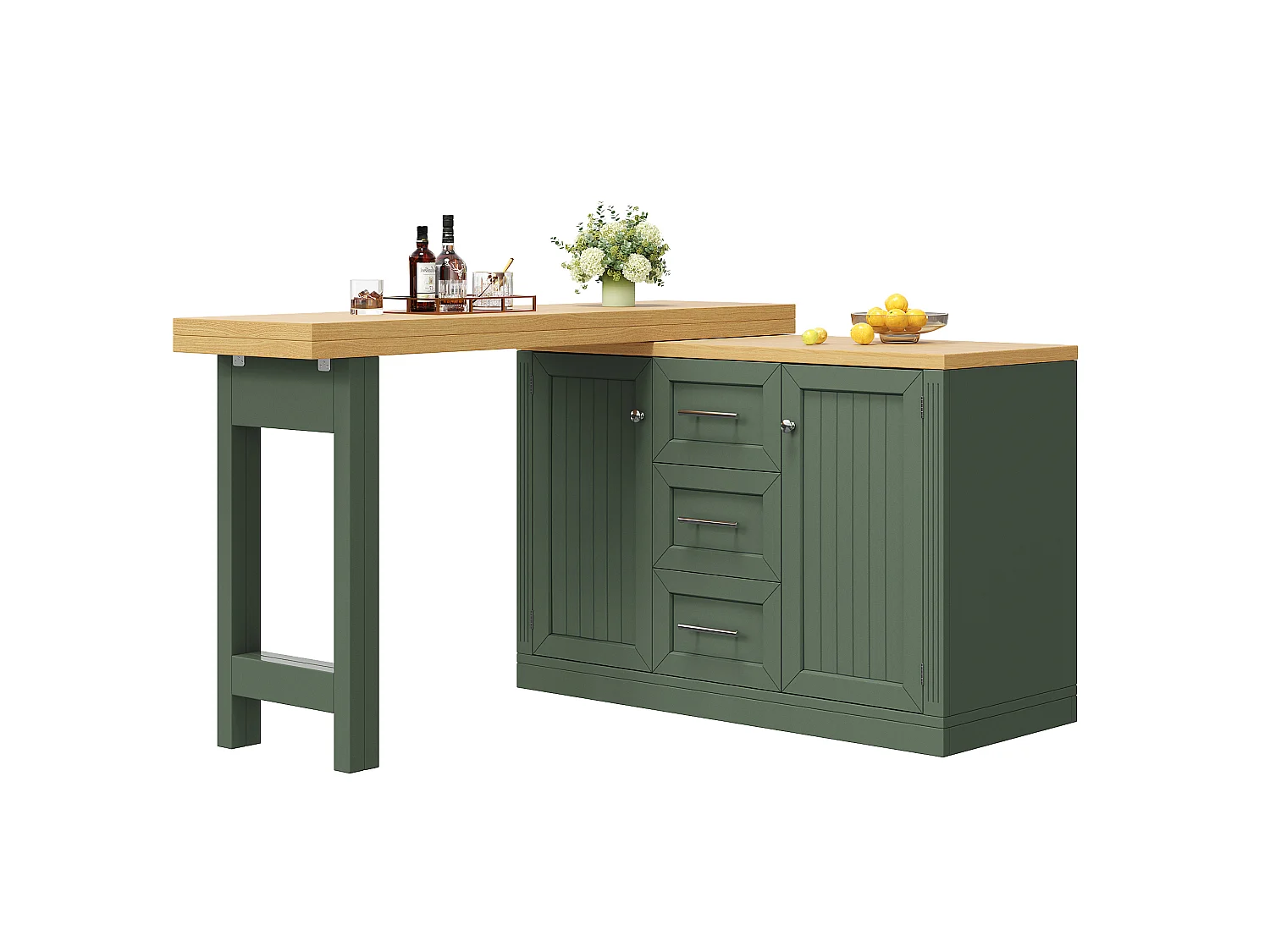 Móvel de bar de cozinha extensível - e rotação de 360° - mesa grande - 3 gavetas e 2 portas - Prateleira para petiscos - Verde