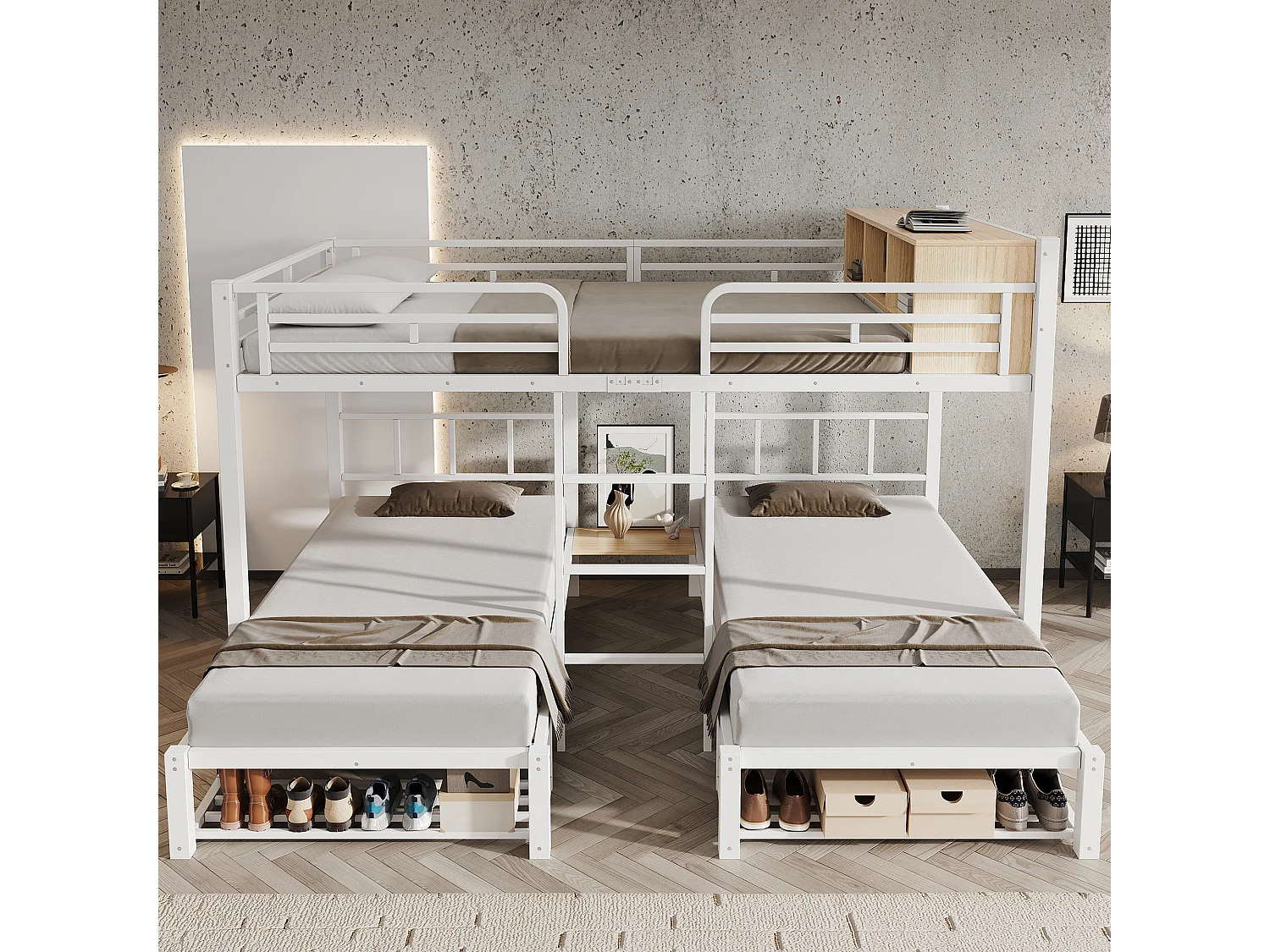 Kinderstapelbed 90x200cm + 140x200cm - biedt plaats aan 3 personen - met open planken, schoenenplank en ladder - Wit (zonder matras)