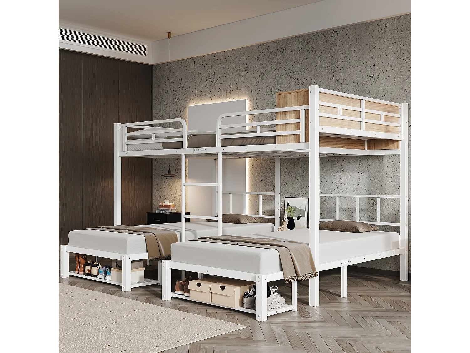 Kinderstapelbed 90x200cm + 140x200cm - biedt plaats aan 3 personen - met open planken, schoenenplank en ladder - Wit (zonder matras)