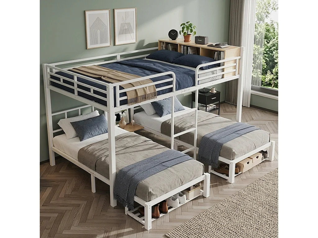 Kinderstapelbed 90x200cm + 140x200cm - biedt plaats aan 3 personen - met open planken, schoenenplank en ladder - Wit (zonder matras)